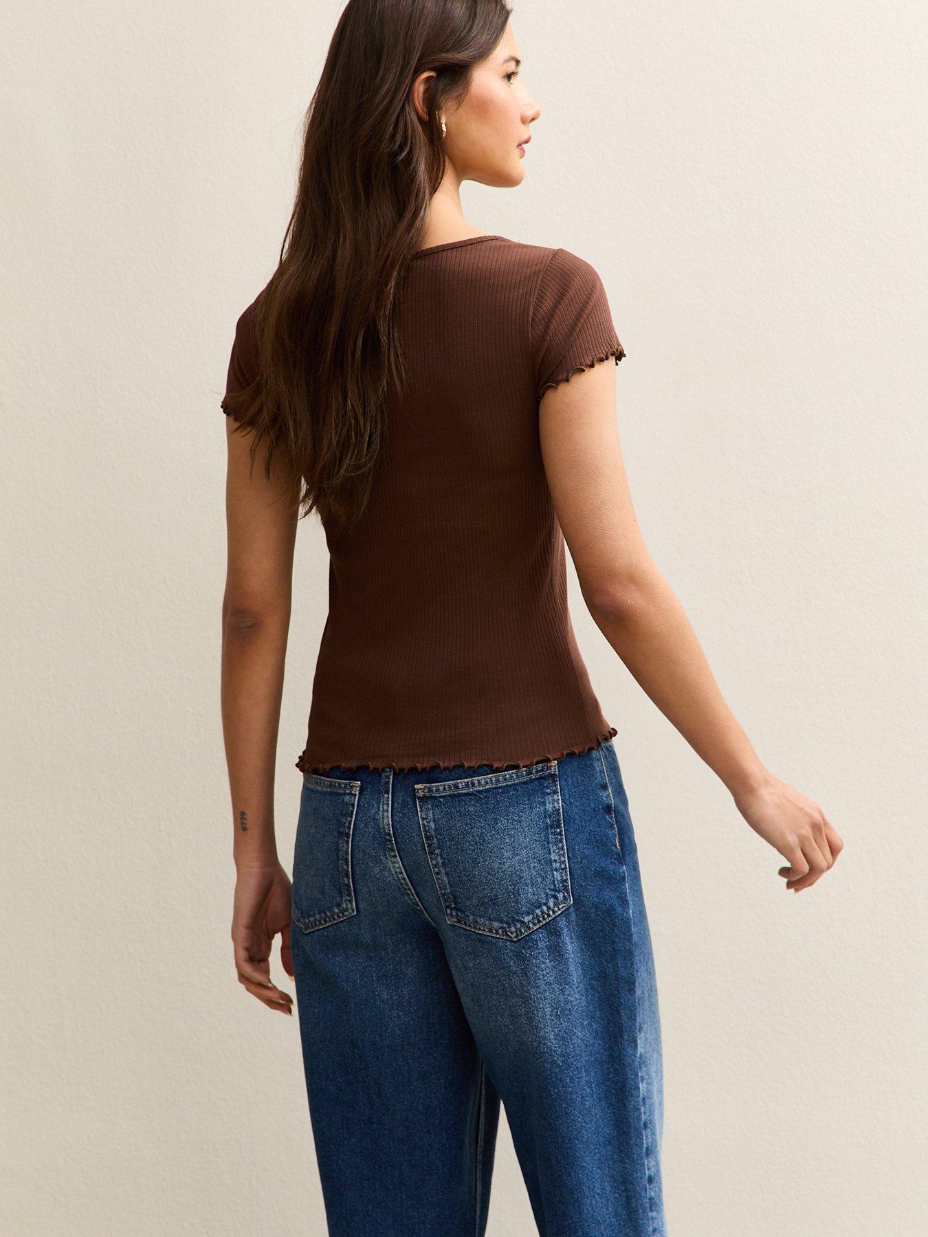 new-look-short-sleeve-frilly-trimmed-top-dark-brownstillFront