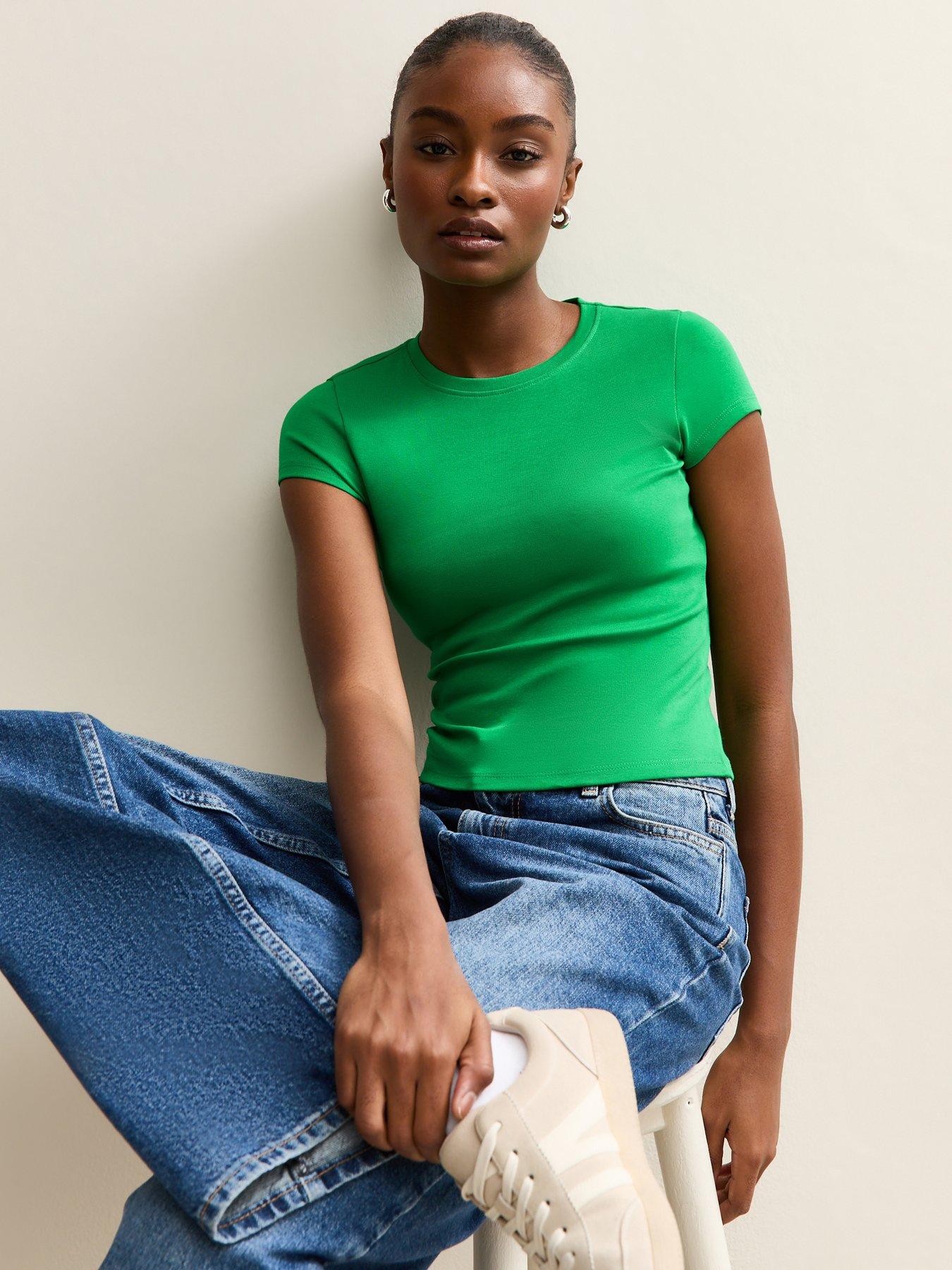 new-look-short-sleeve-fitted-top-dark-greenfront