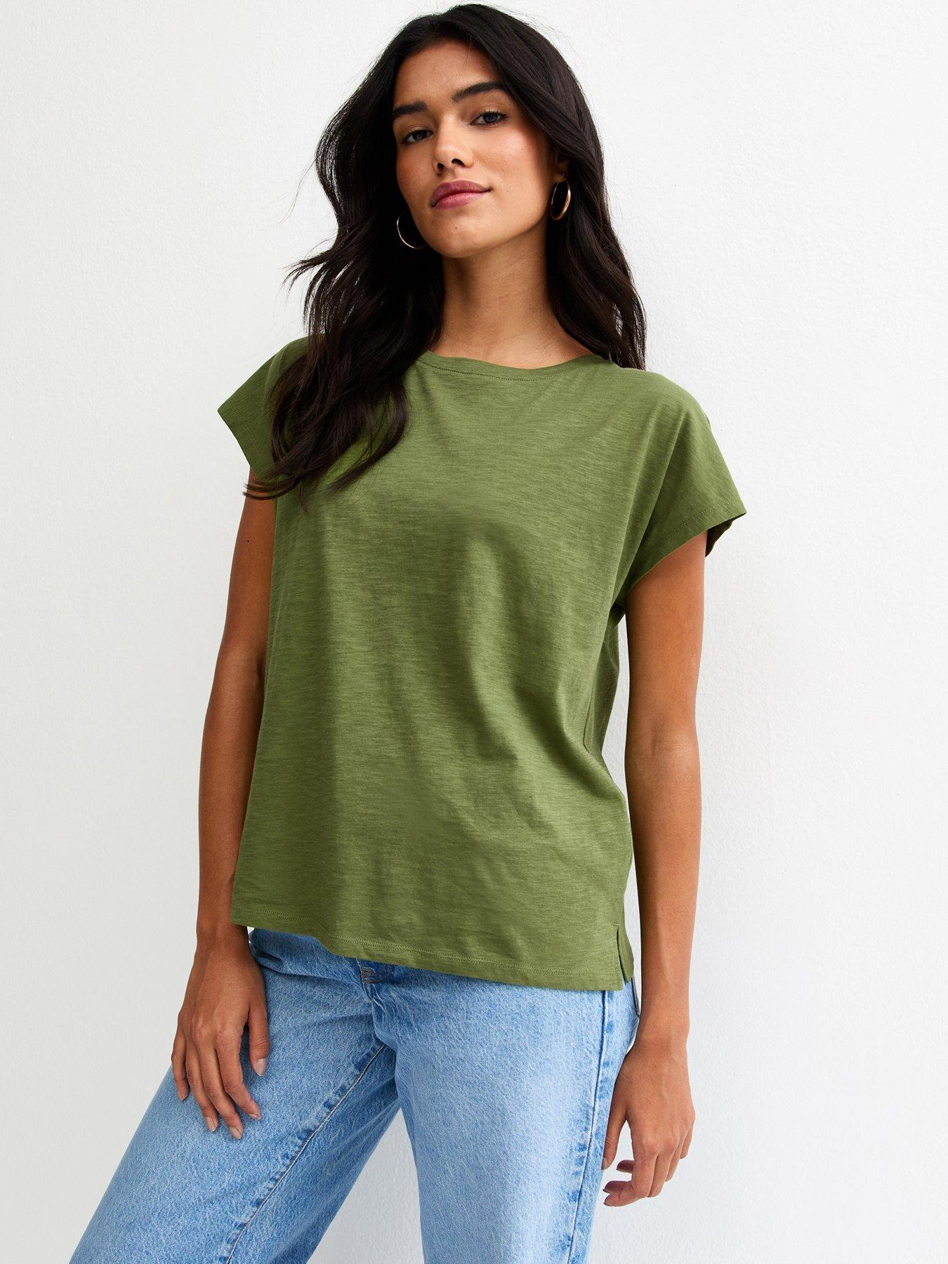 Image 1 of 5 of New Look Grown On Sleeve T-Shirt - Light Khaki