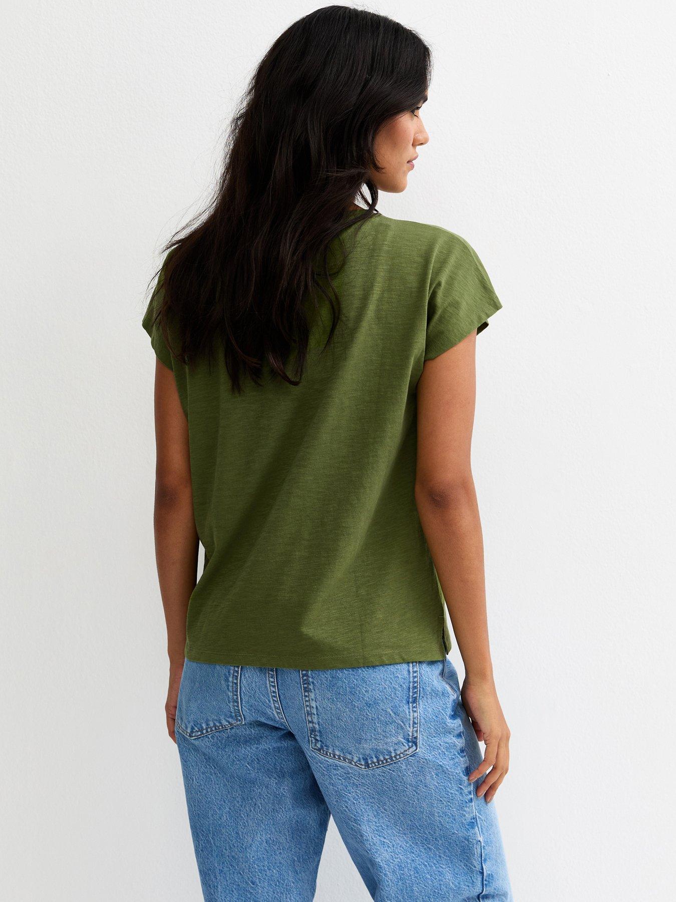 Image 2 of 5 of New Look Grown On Sleeve T-Shirt - Light Khaki