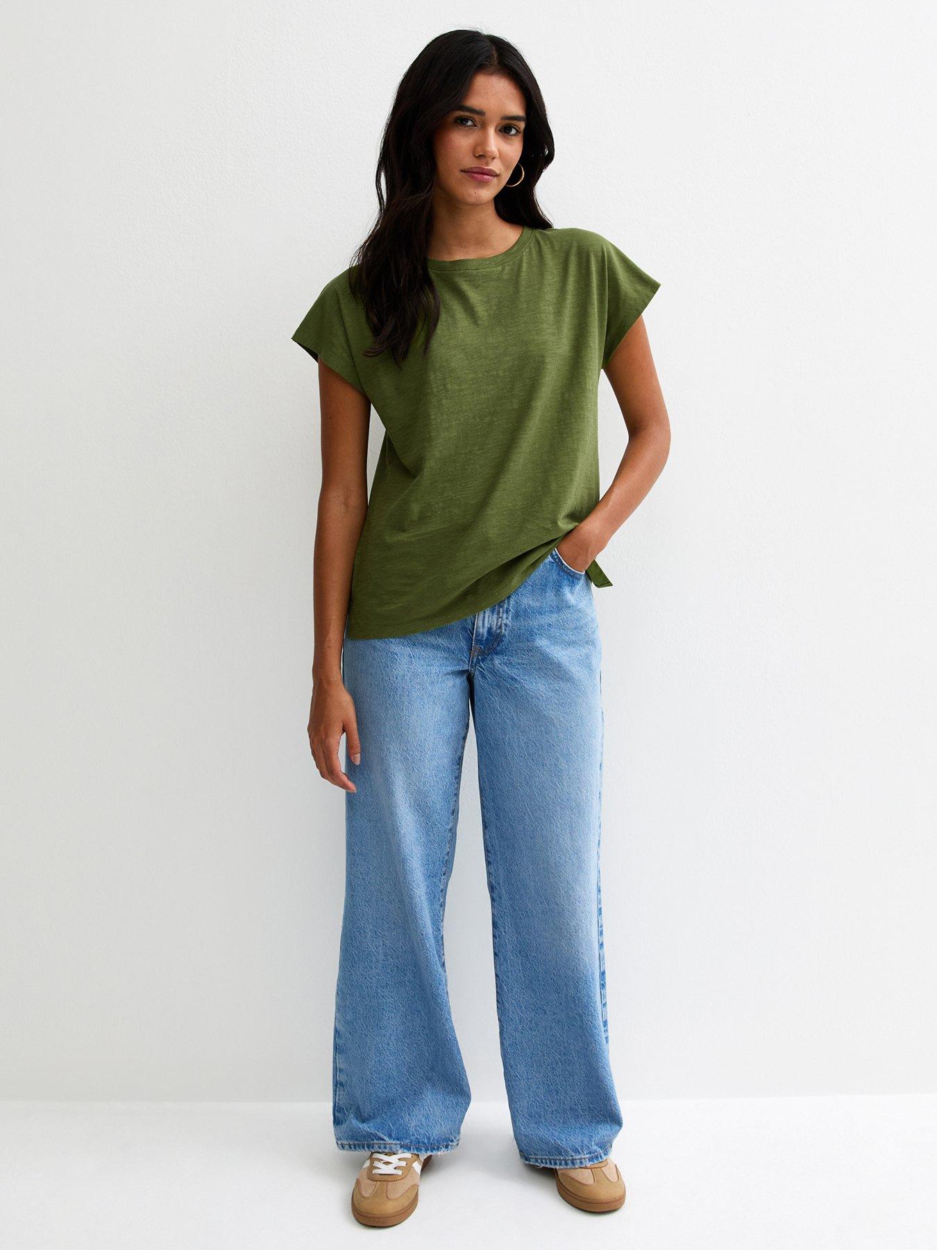 Image 3 of 5 of New Look Grown On Sleeve T-Shirt - Light Khaki