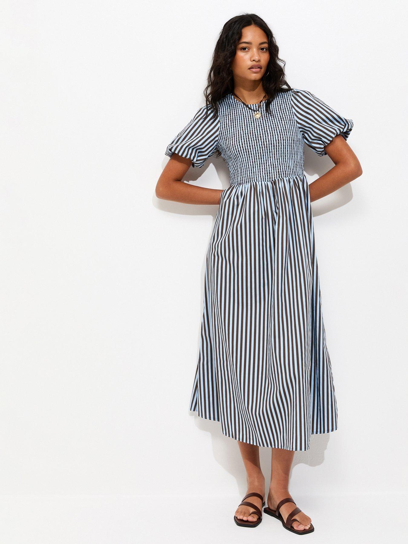 New Look Cotton Striped Shirred Midi Dress - Blue