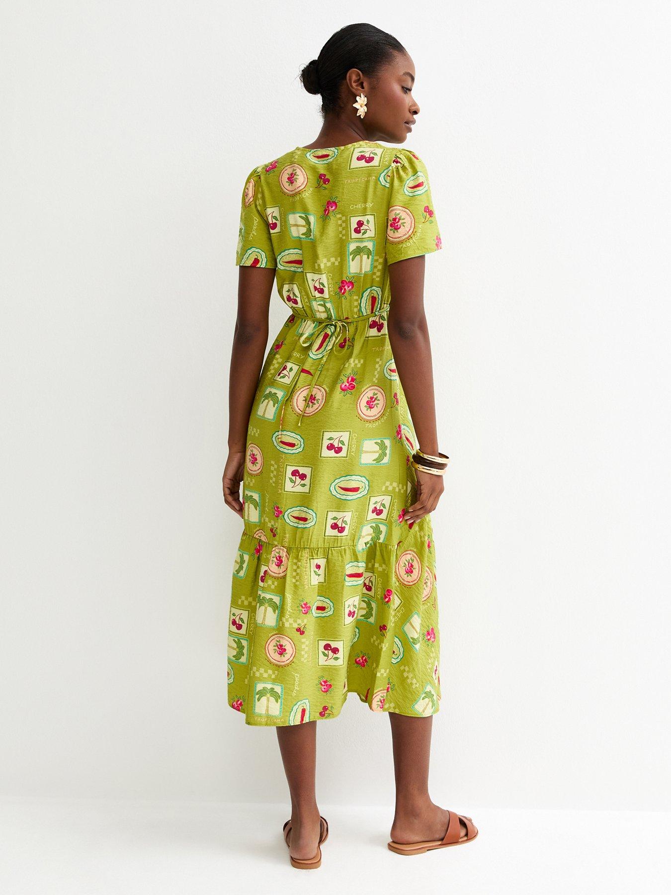 Image 2 of 4 of New Look Fruit Print Tiered Midi Tea Dress - Green