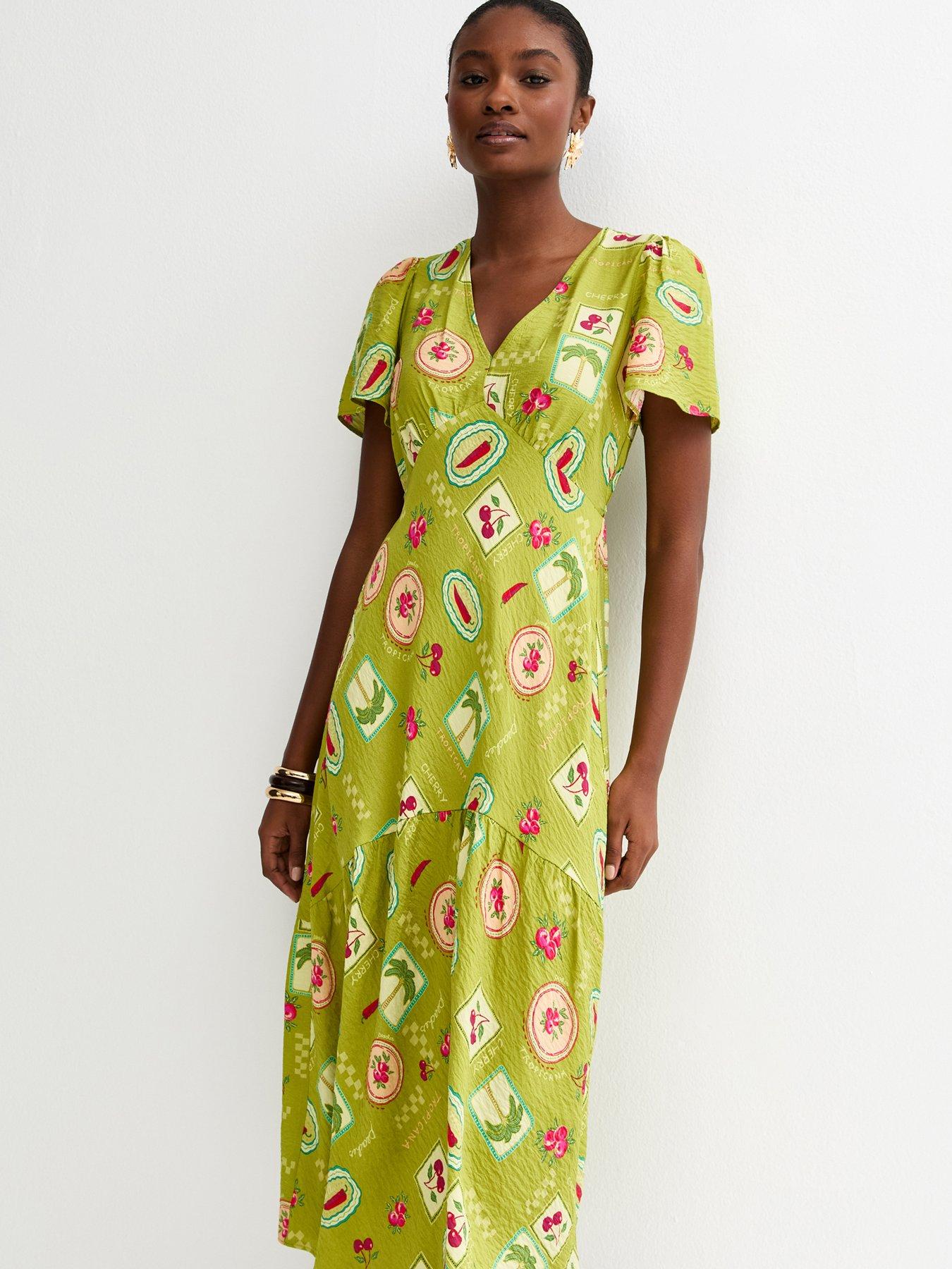 Image 3 of 4 of New Look Fruit Print Tiered Midi Tea Dress - Green