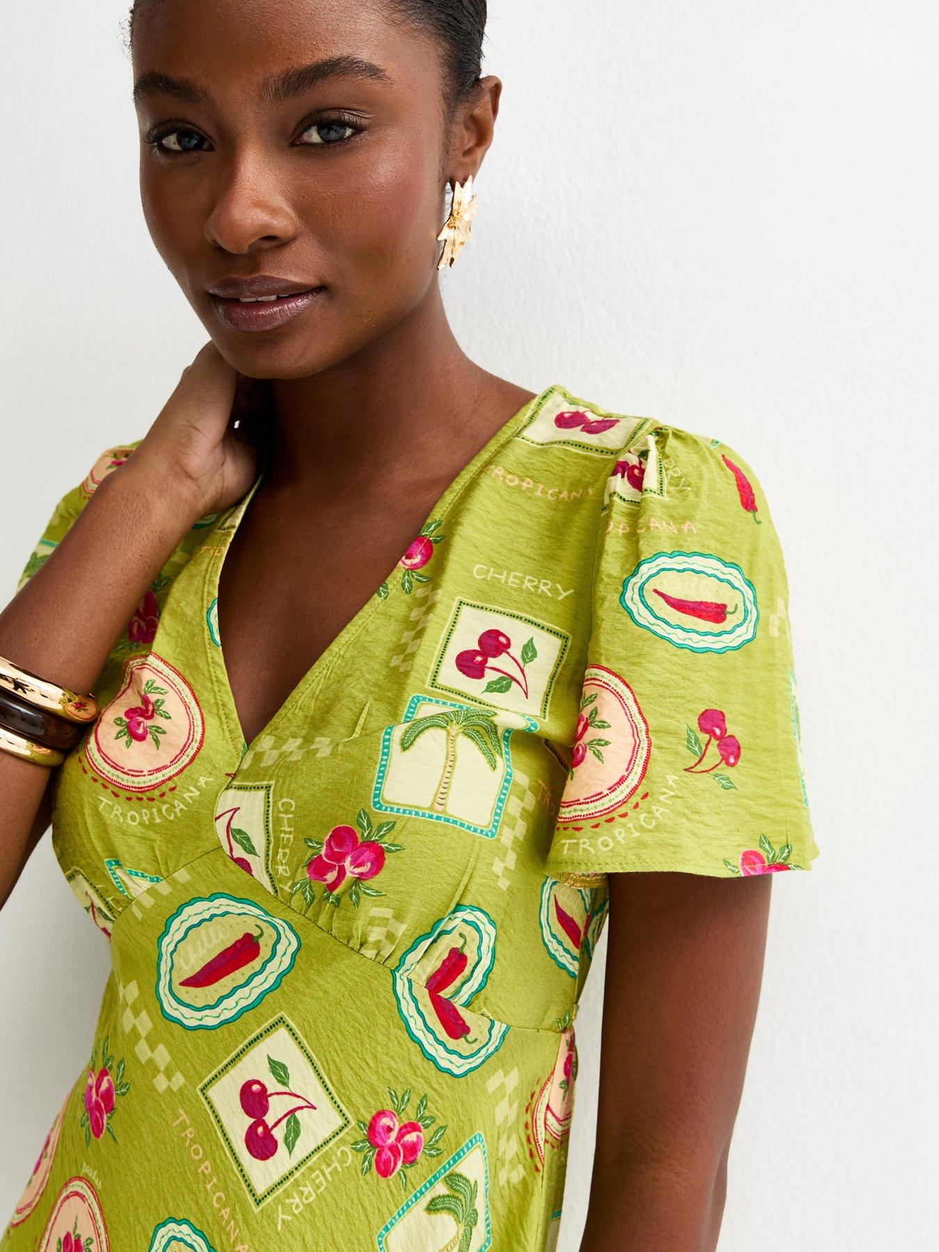 Image 4 of 4 of New Look Fruit Print Tiered Midi Tea Dress - Green