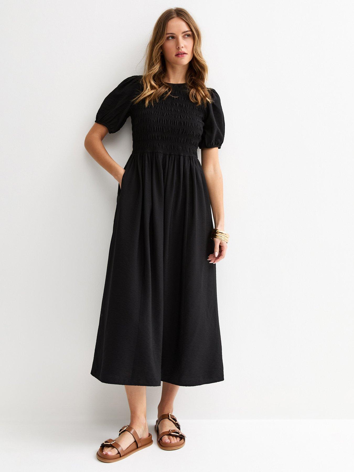 New Look Shirred Body Short Sleeve Midi Dress - Black