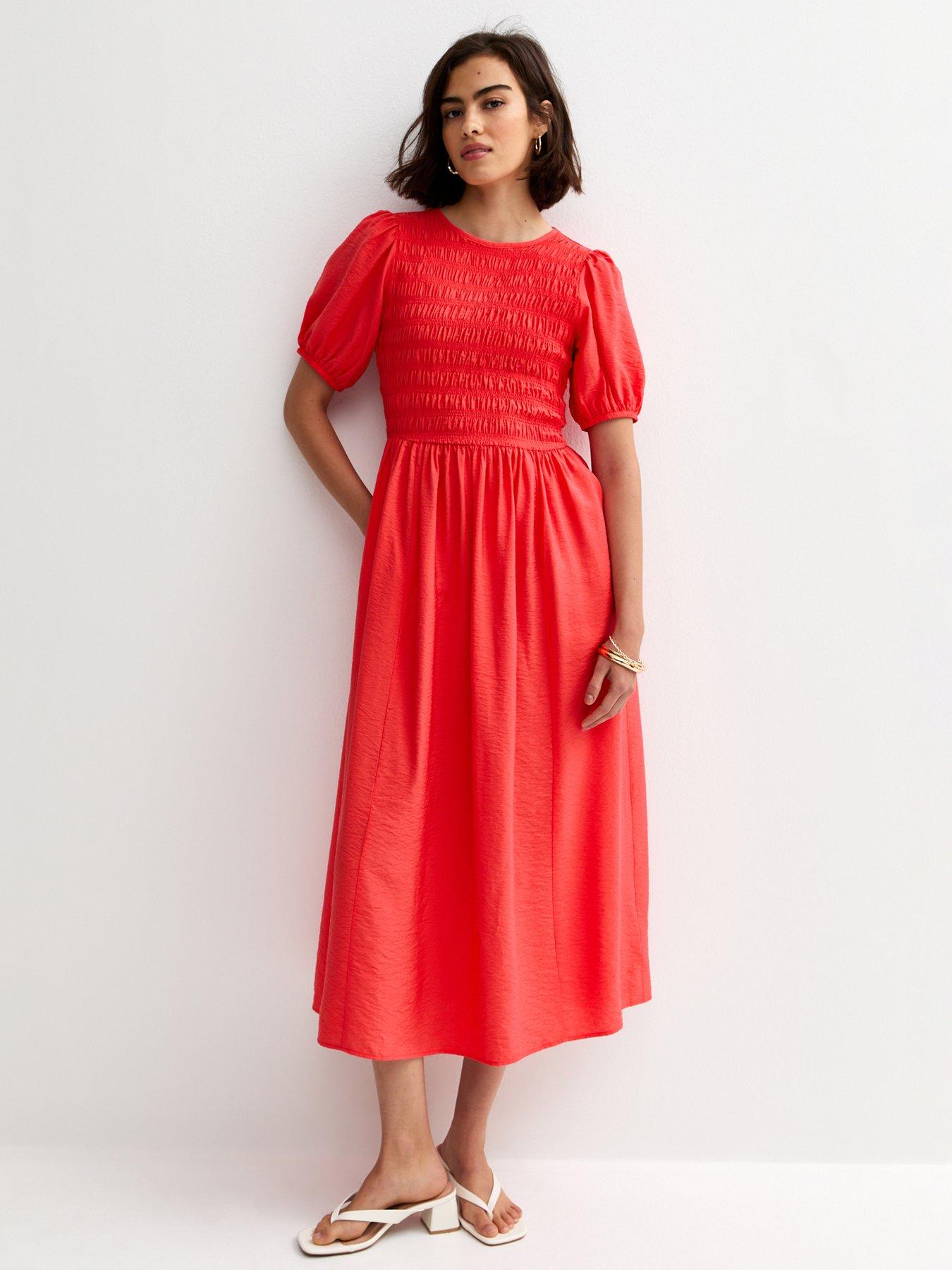 New Look Red Shirred Body Short Sleeve Midi Dress