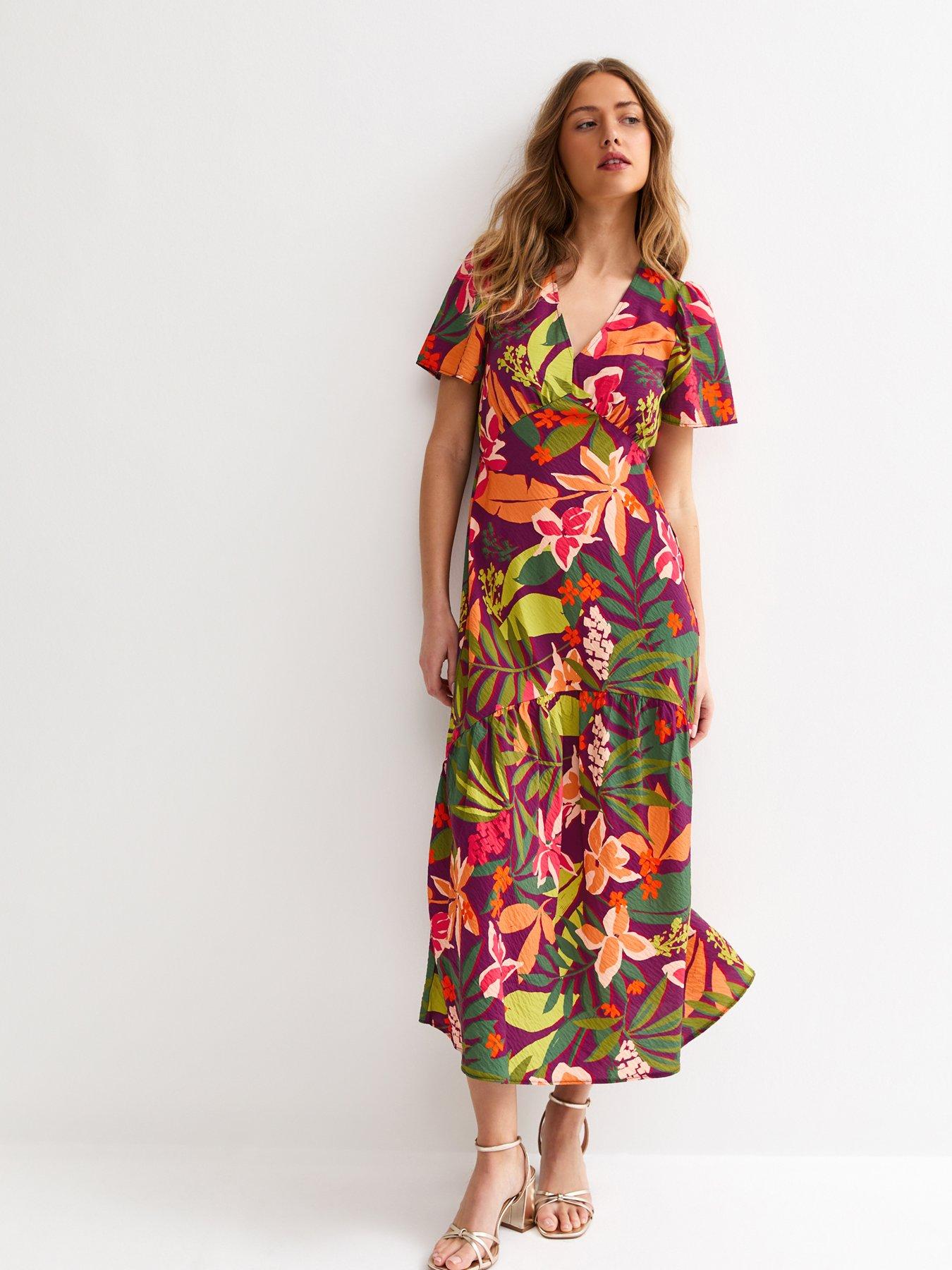 New Look Purple Crinkle Texture Leaf Print Tiered Midi Tea Dress