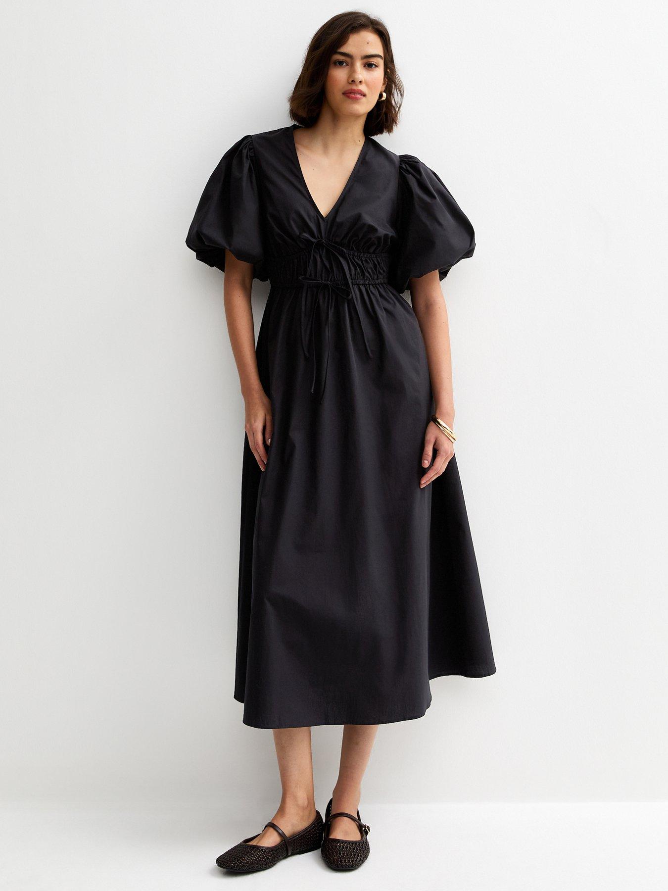 New Look Cotton Puff Sleeve Midi Dress - Black