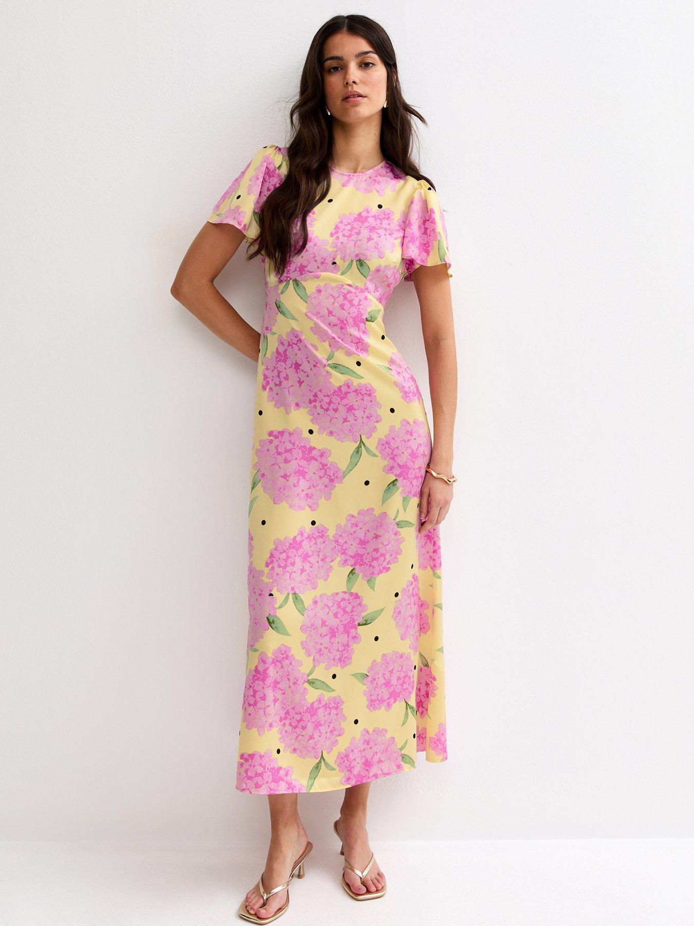 Image 1 of 5 of New Look Floral Short Sleeve Midi Dress - Yellow