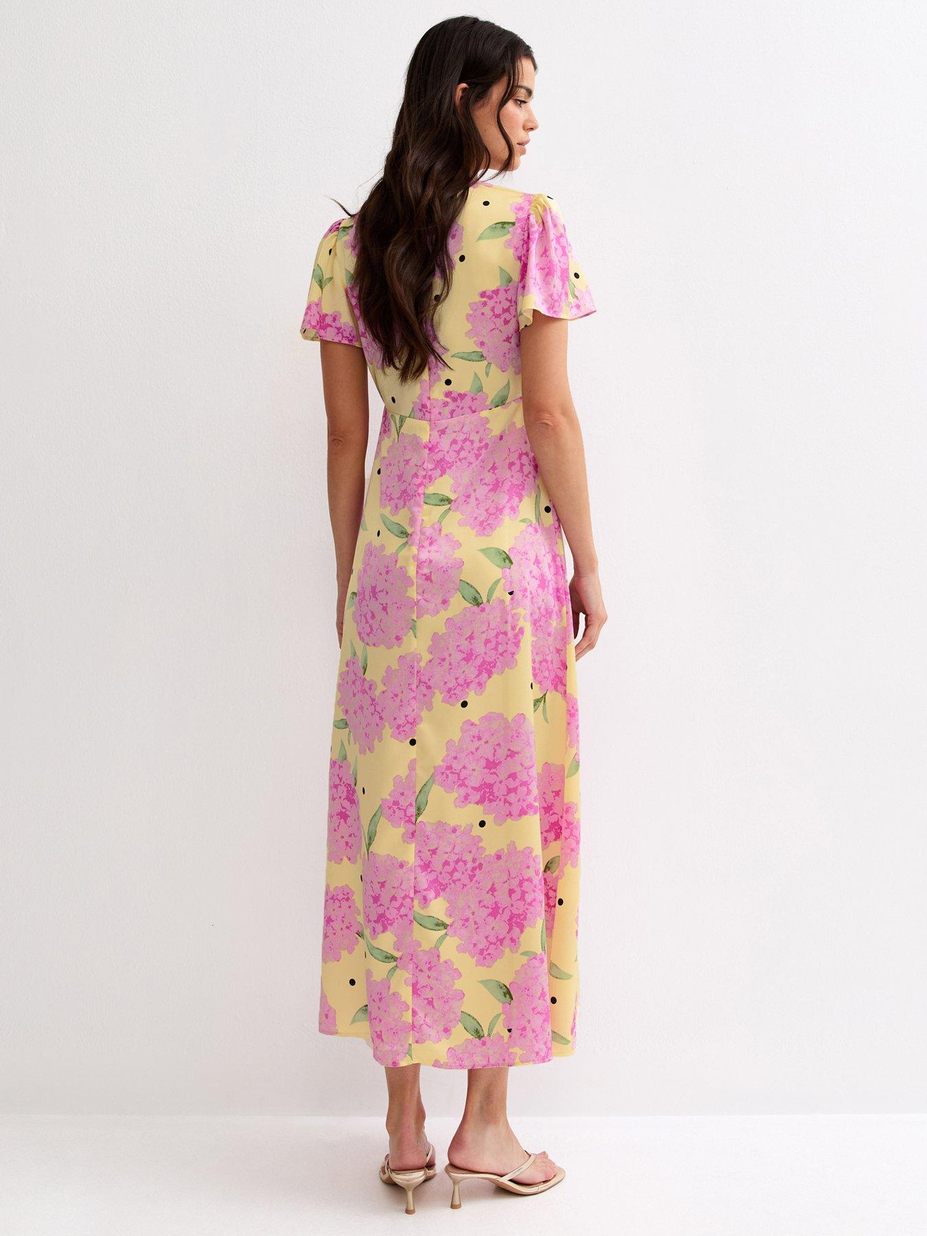 Image 2 of 5 of New Look Floral Short Sleeve Midi Dress - Yellow
