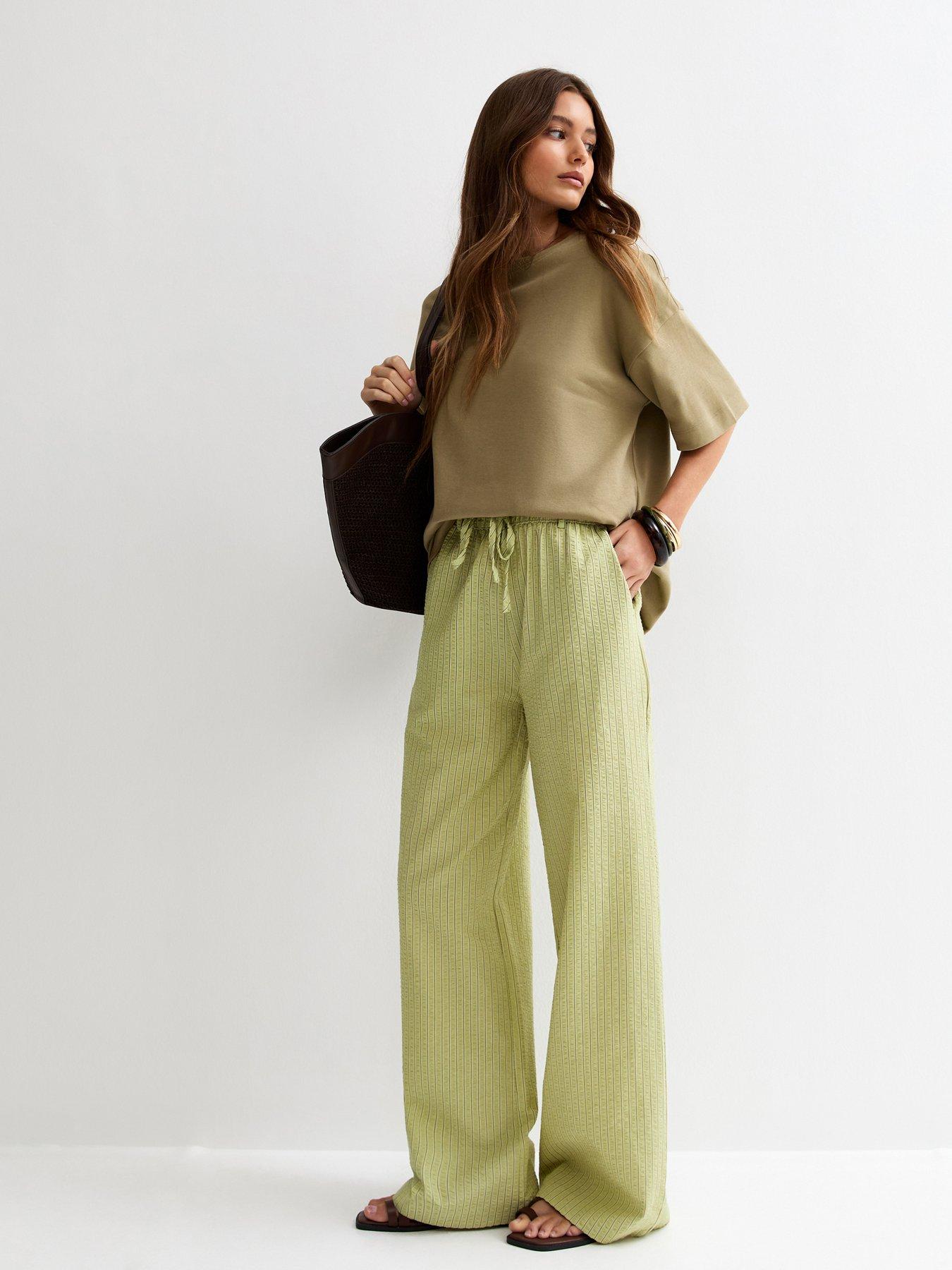 New Look Striped Seersucker Wide Leg Trousers - Green