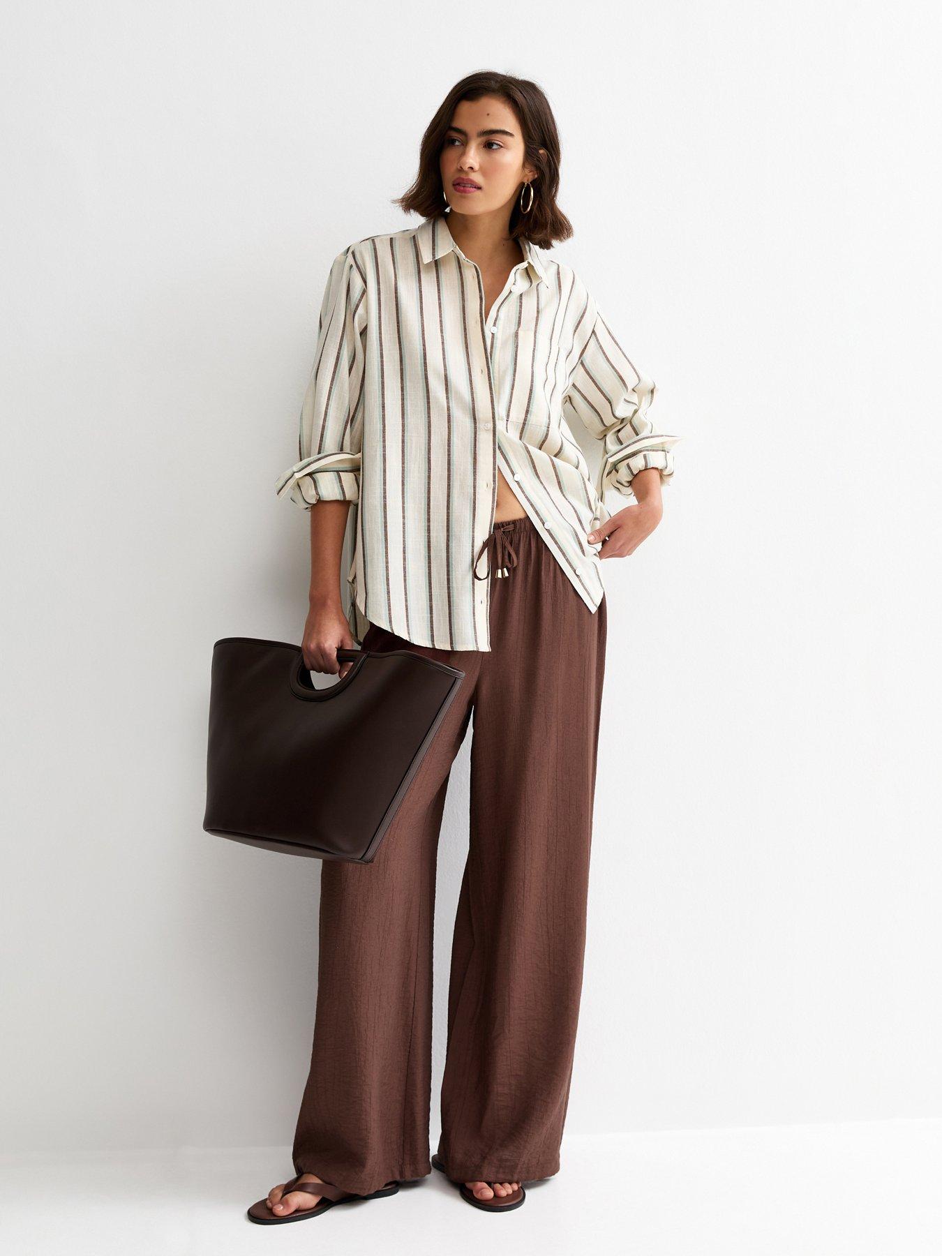 New Look Dark Brown Crinkle Wide Leg Trousers