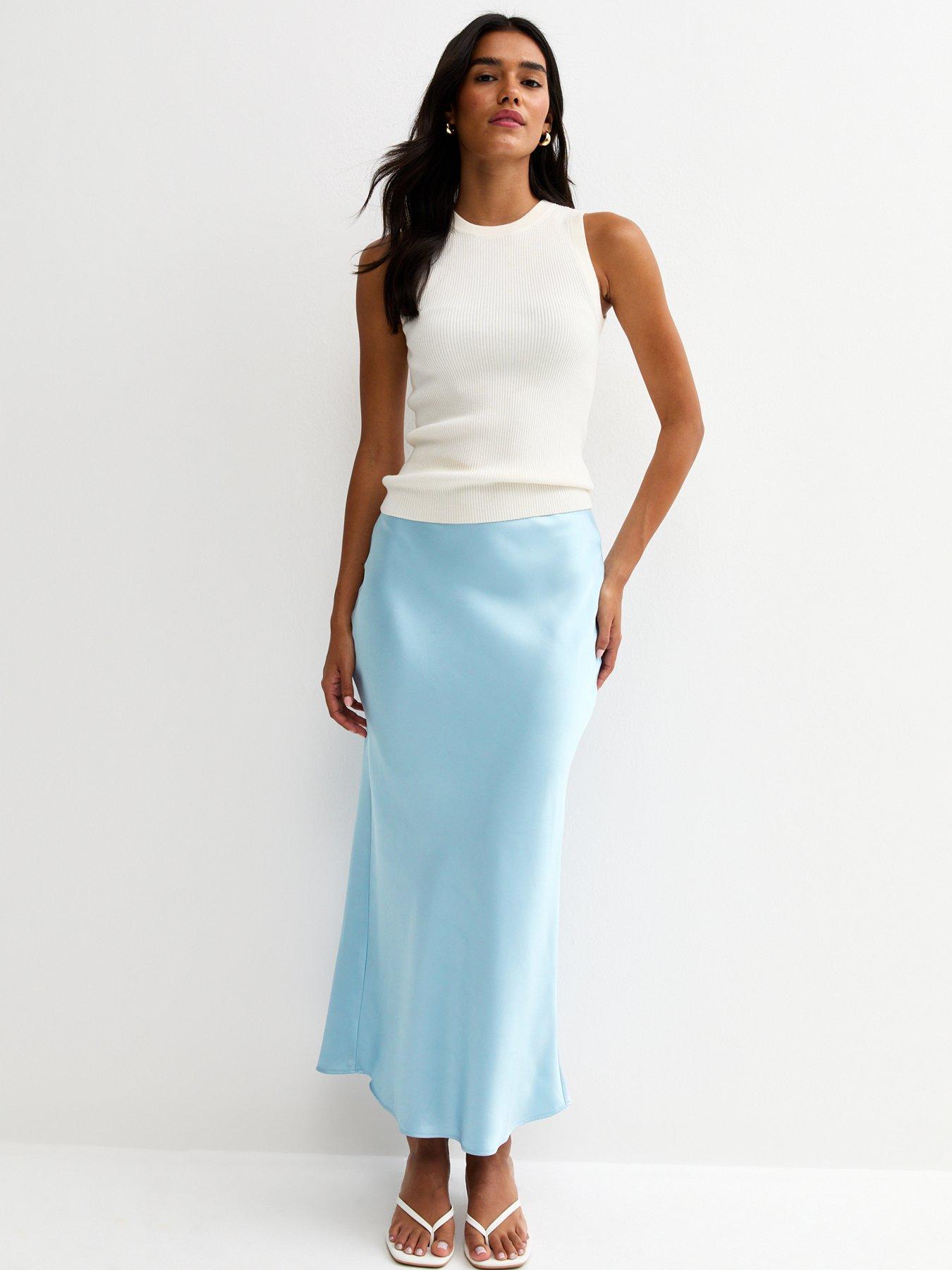 Image 1 of 5 of New Look Satin Bias Cut Midi Skirt - Light Blue