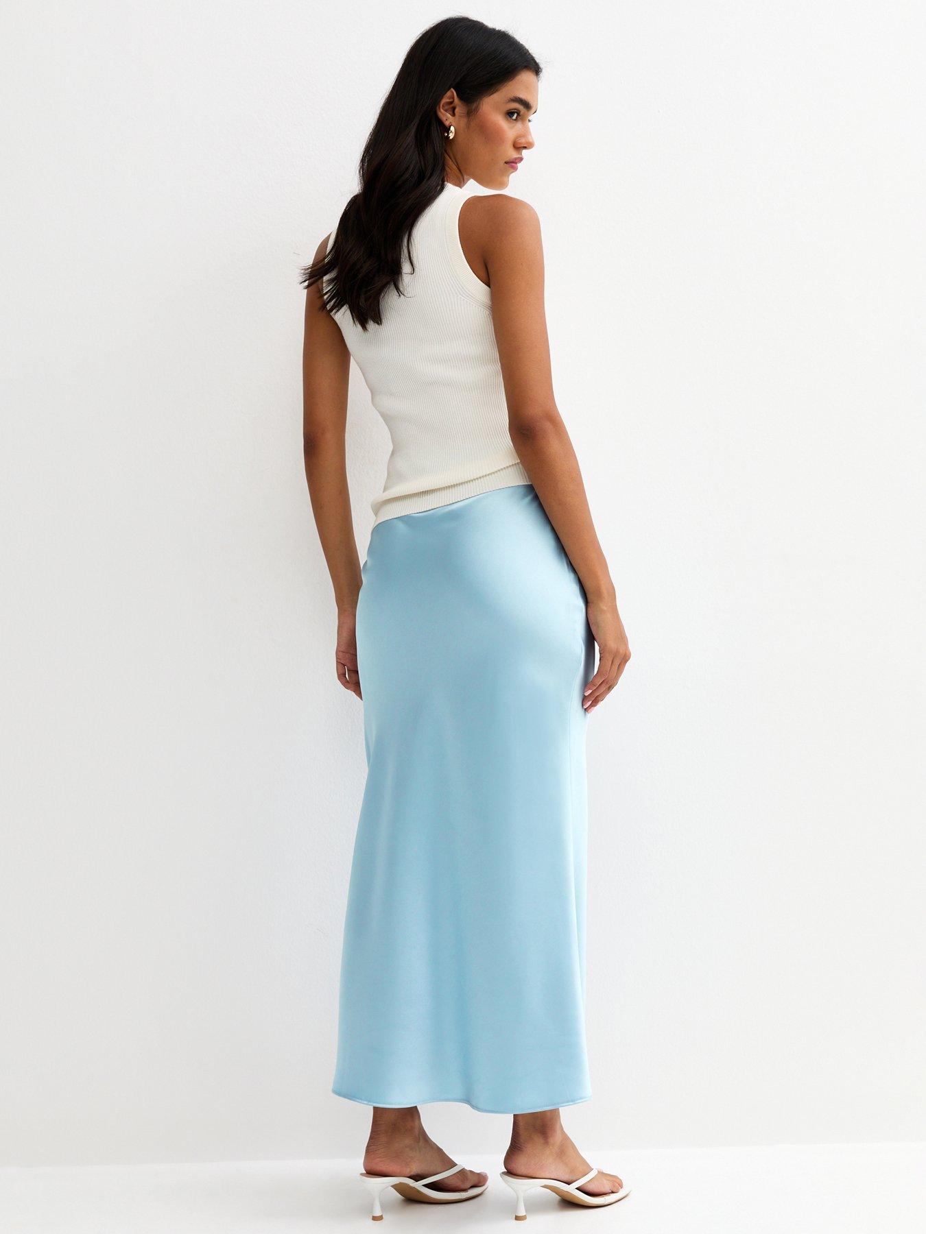 Image 2 of 5 of New Look Satin Bias Cut Midi Skirt - Light Blue