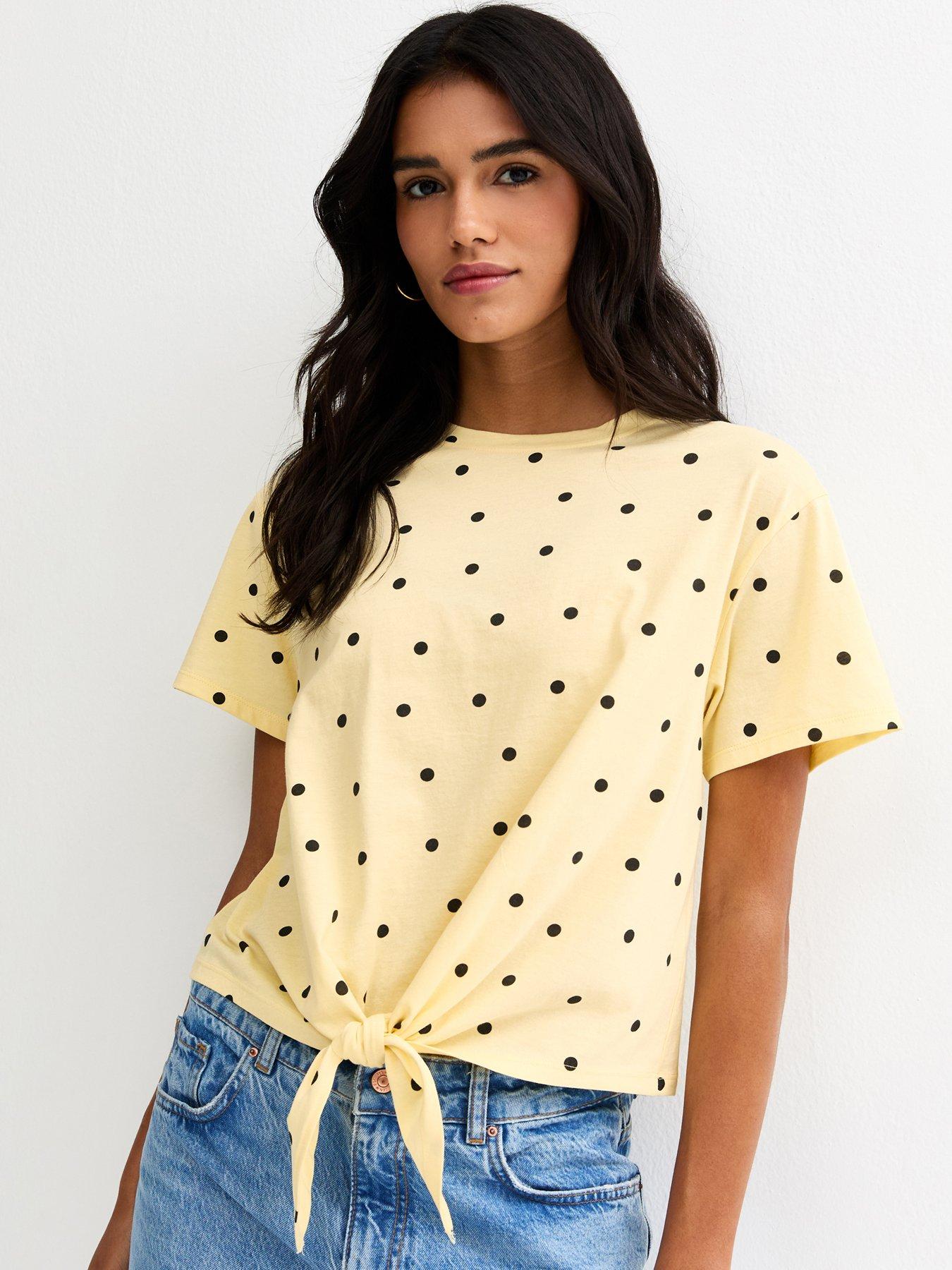 Image 1 of 4 of New Look Polka Dot Tie Front Top - Yellow