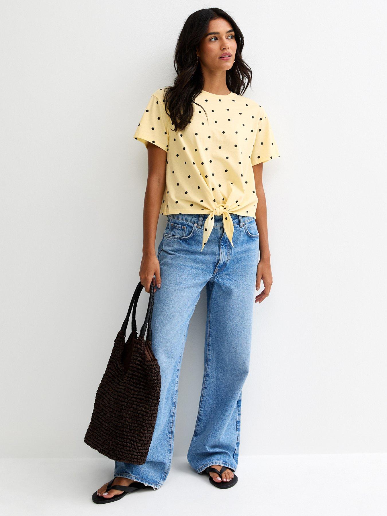 Image 3 of 4 of New Look Polka Dot Tie Front Top - Yellow