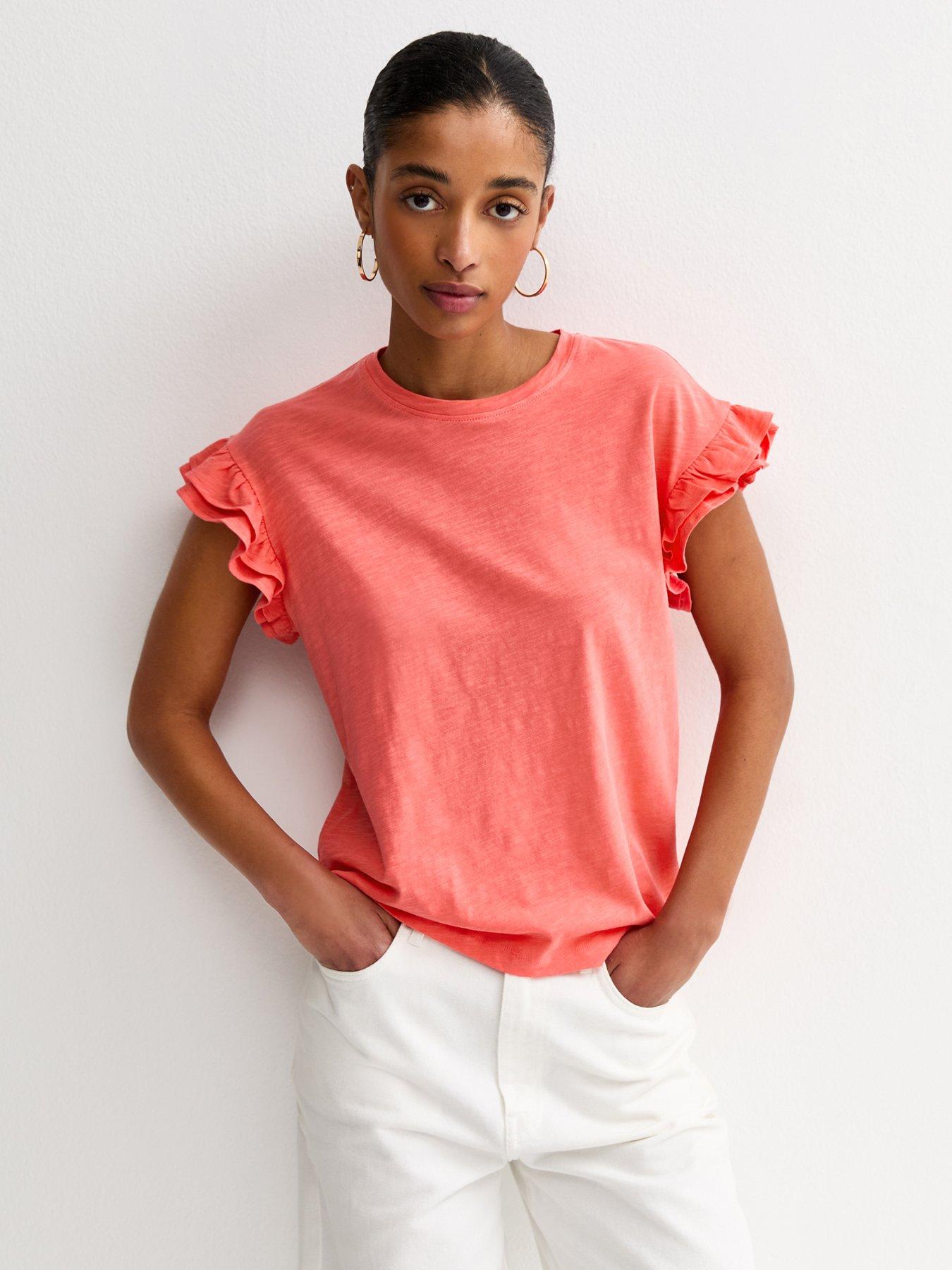 New Look Cotton Slub Frill Sleeve T-Shirt - Dark Coral