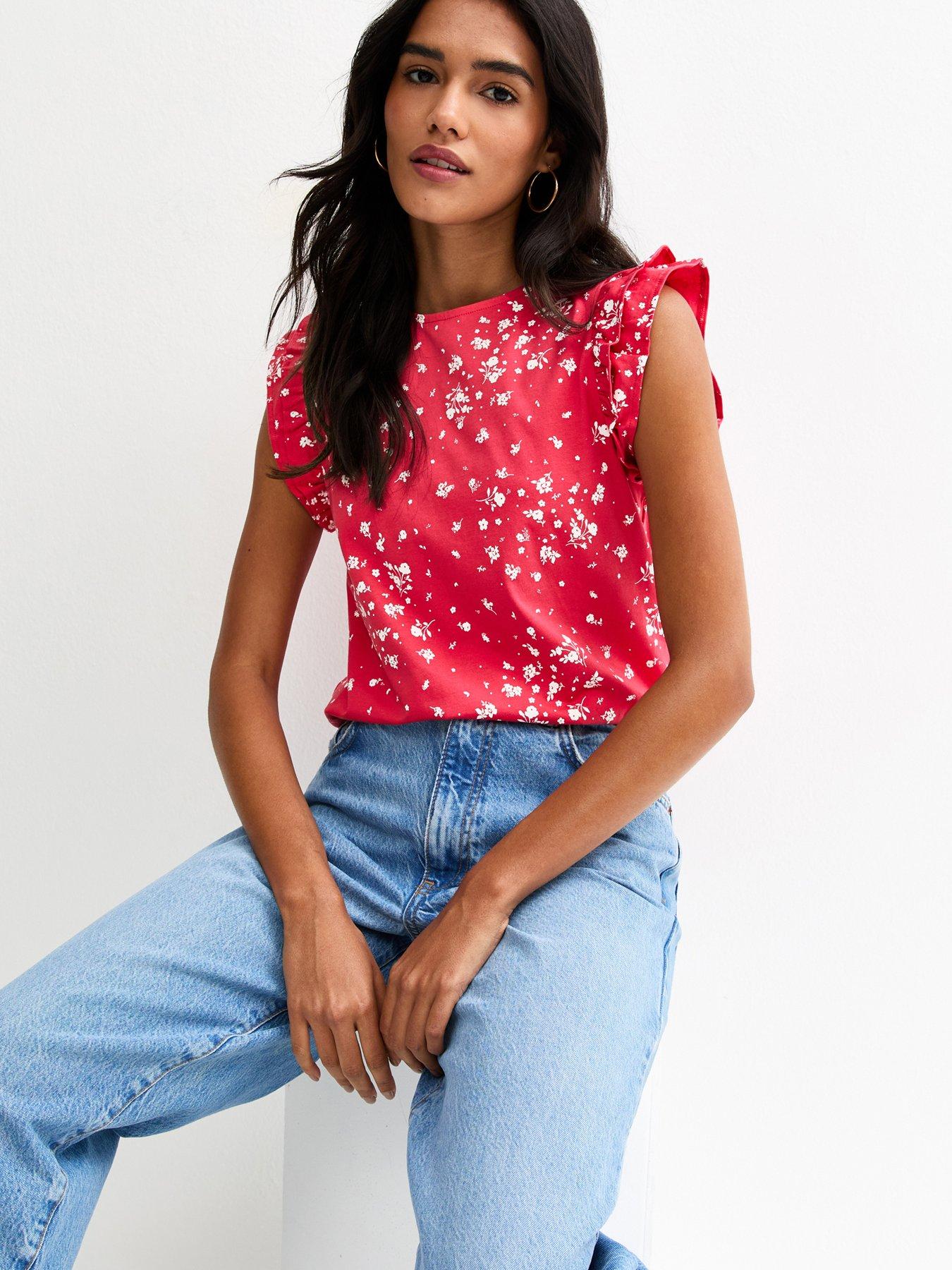 Image 1 of 4 of New Look Ditsy Frill Sleeve Top - Red