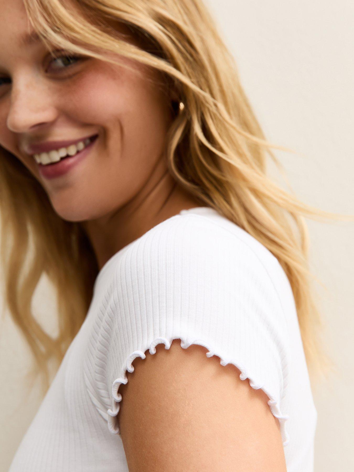 Image 4 of 5 of New Look White Ribbed Jersey Frilly Trim Short Sleeve Top
