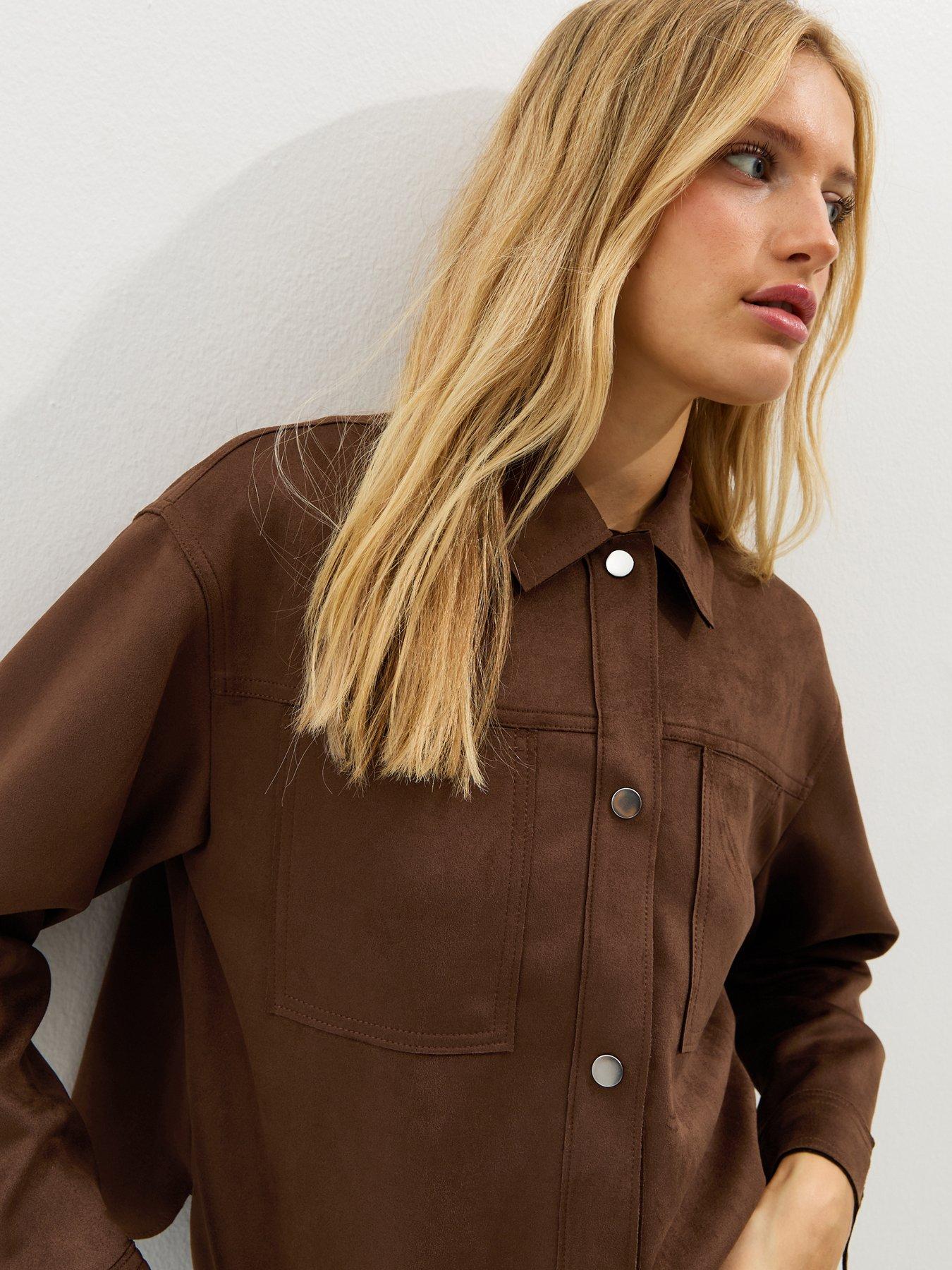 Image 4 of 5 of New Look Faux Suede Boxy Shacket - Dark Brown