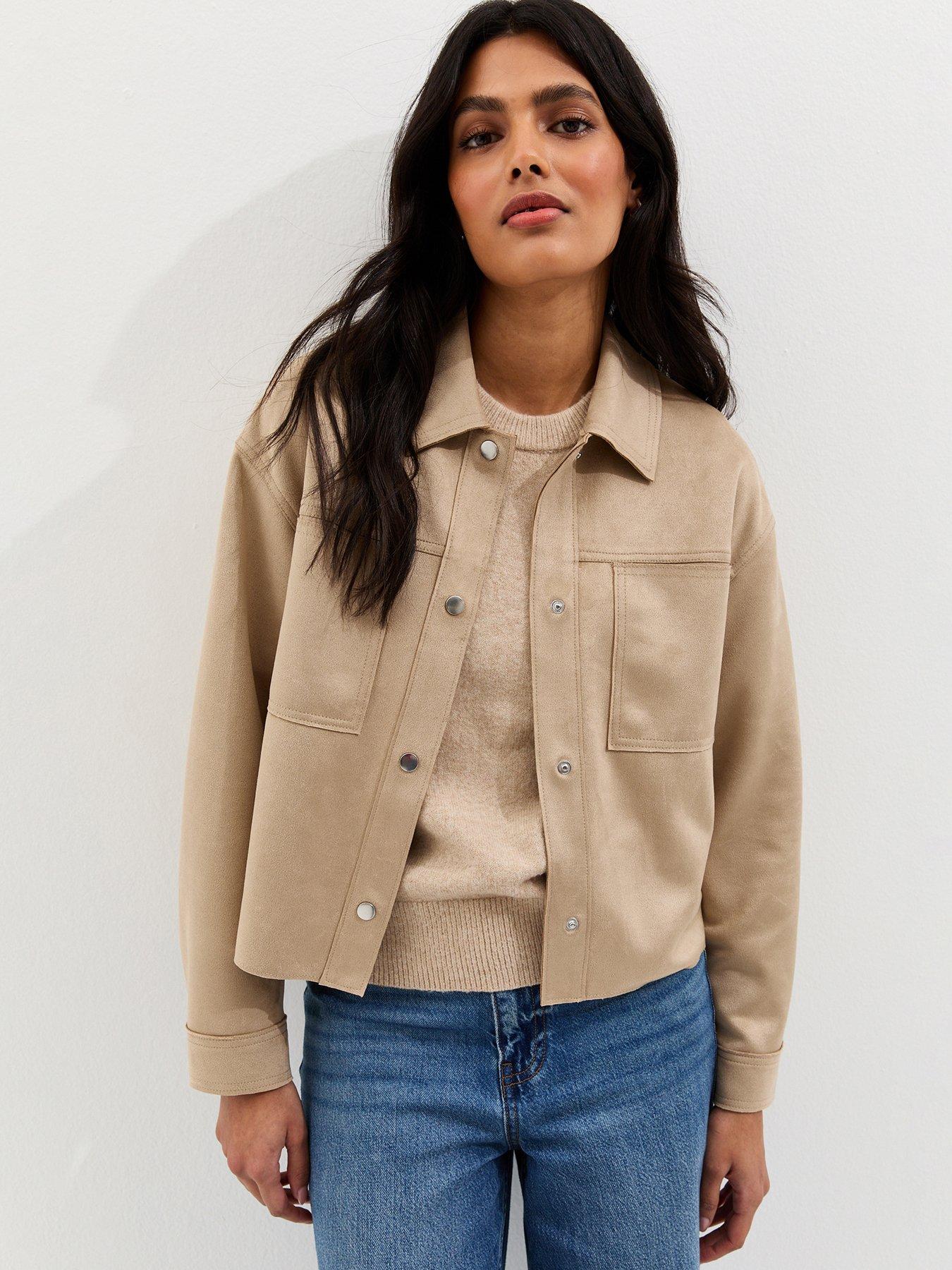 Image 1 of 6 of New Look Faux Suede Boxy Shacket - Stone