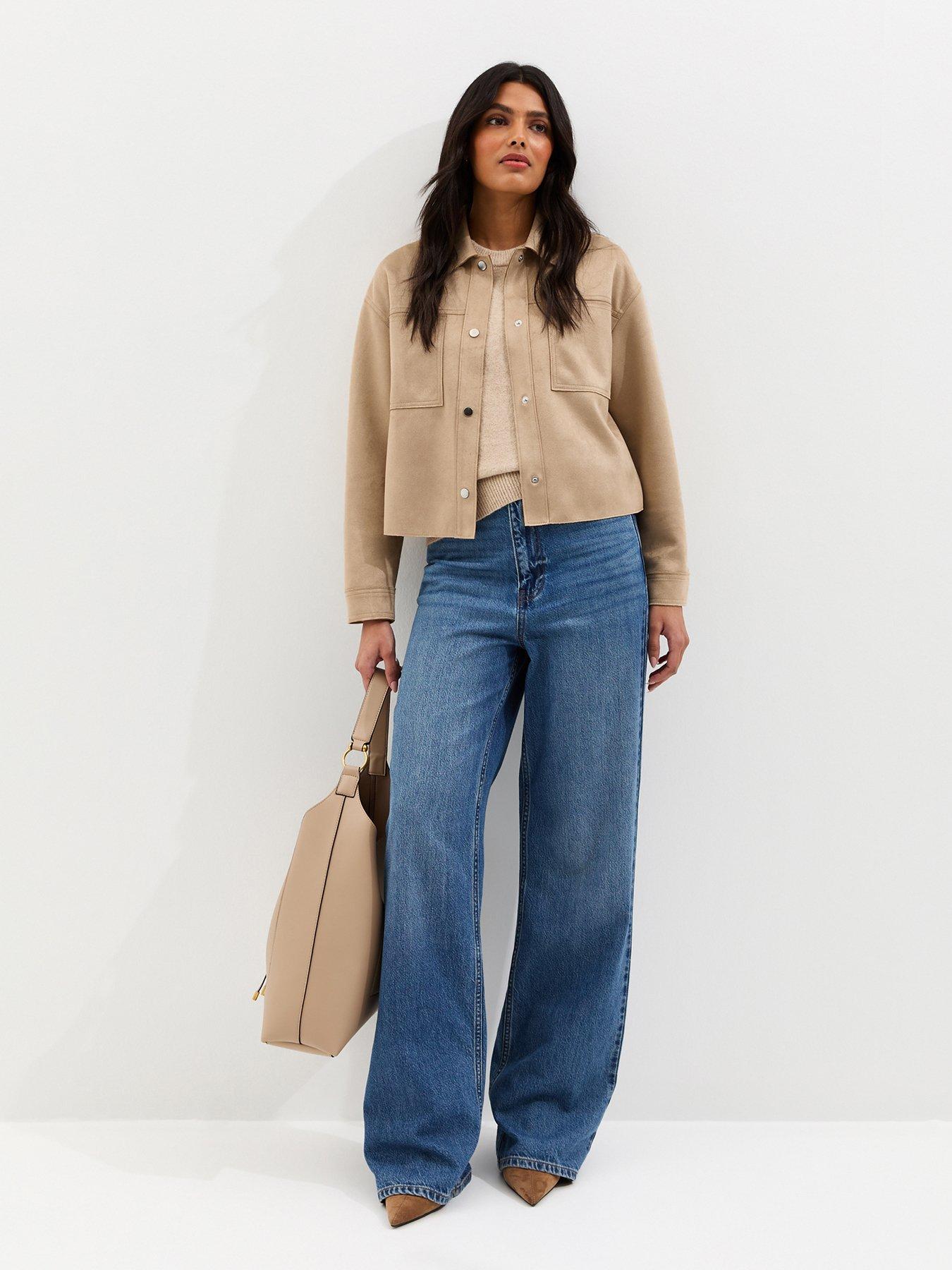 Image 3 of 6 of New Look Faux Suede Boxy Shacket - Stone
