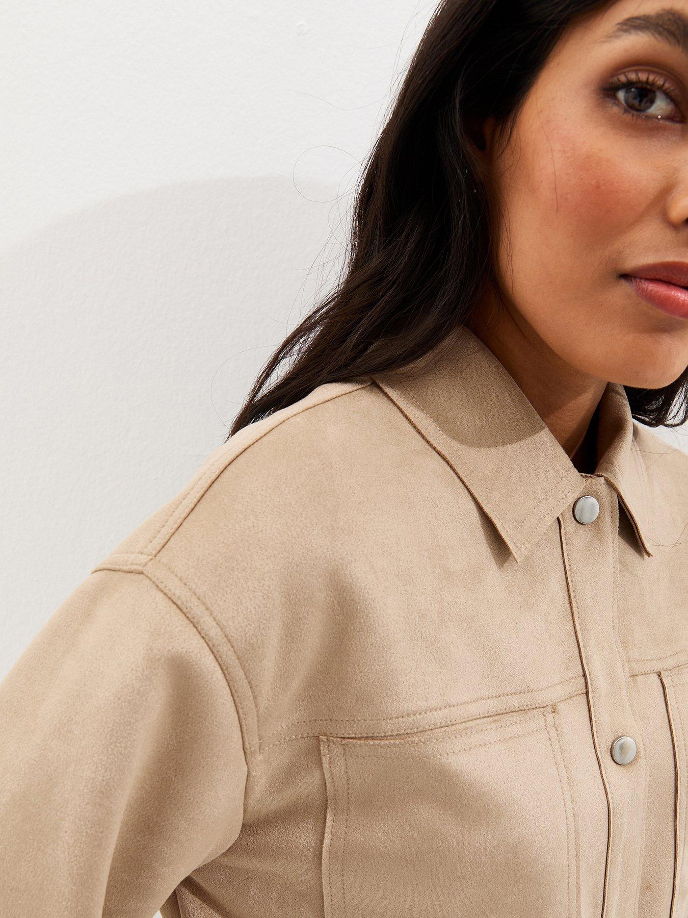Image 5 of 6 of New Look Faux Suede Boxy Shacket - Stone