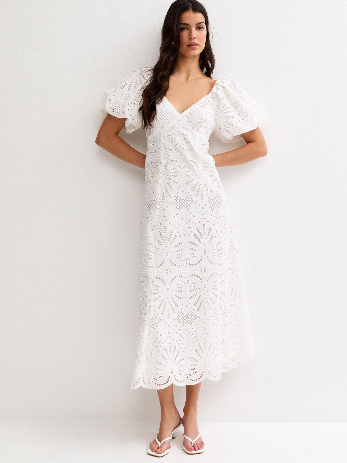 Image 1 of 6 of New Look Cutwork Tie Back Midi Dress - White