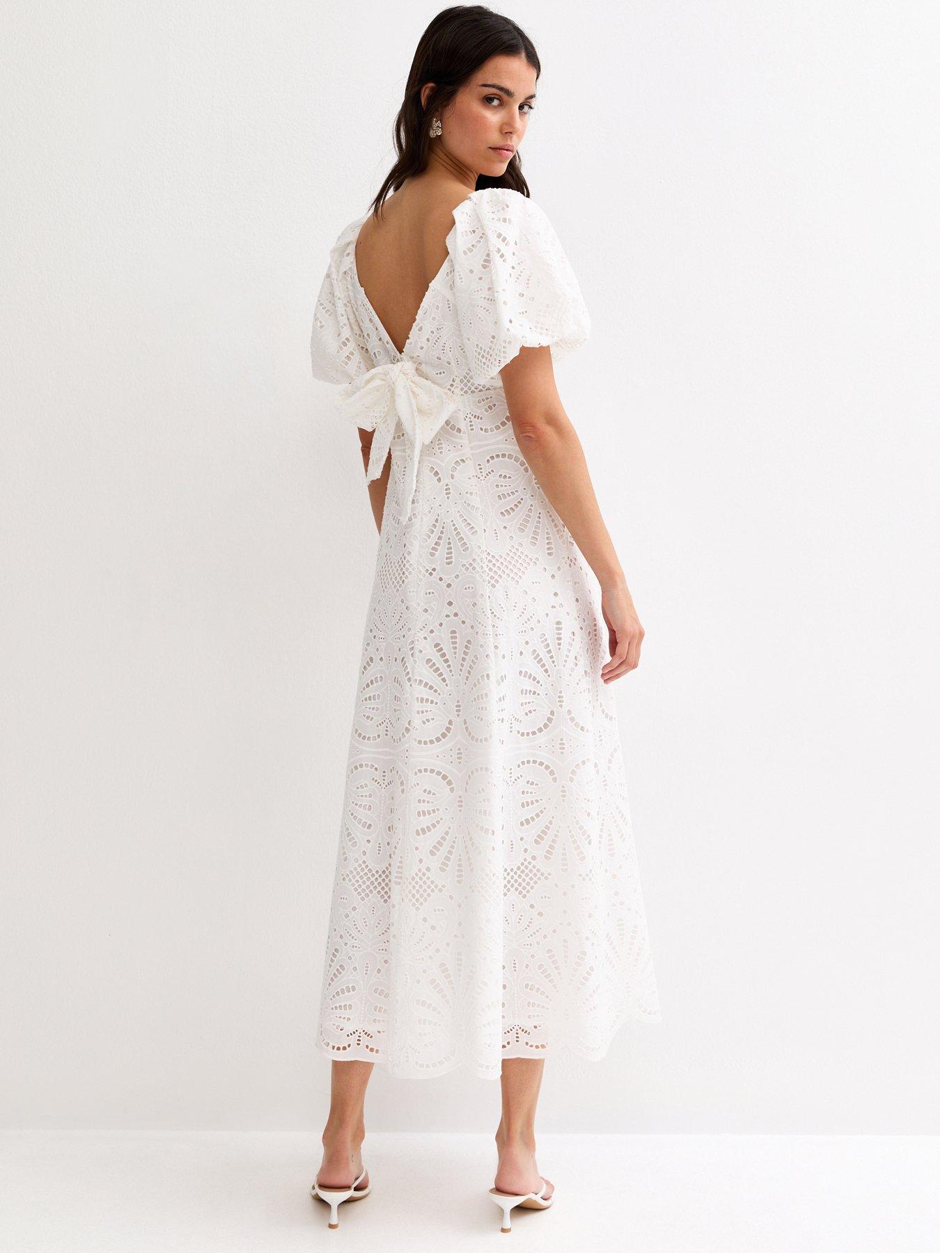 Image 2 of 6 of New Look Cutwork Tie Back Midi Dress - White