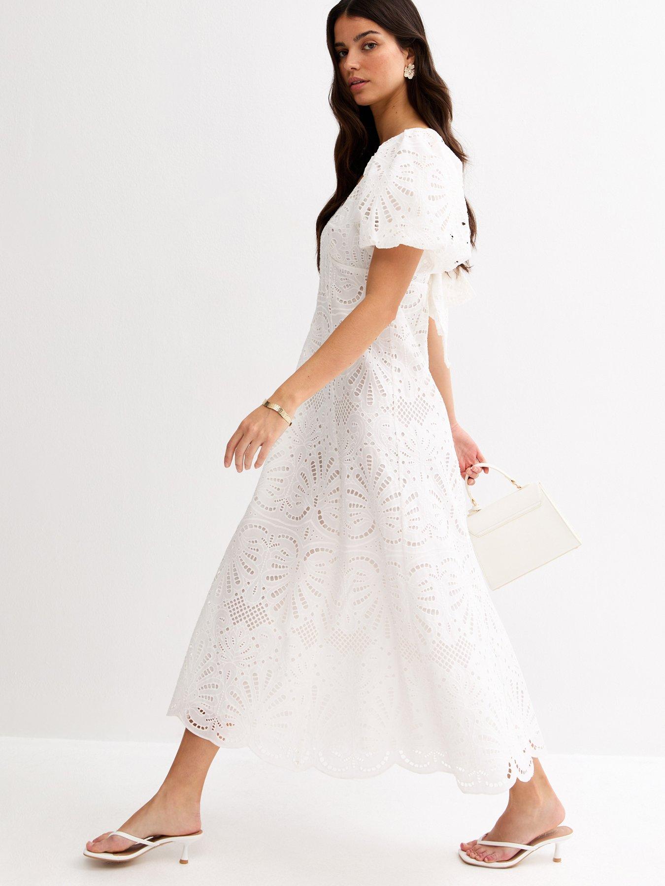 Image 4 of 6 of New Look Cutwork Tie Back Midi Dress - White