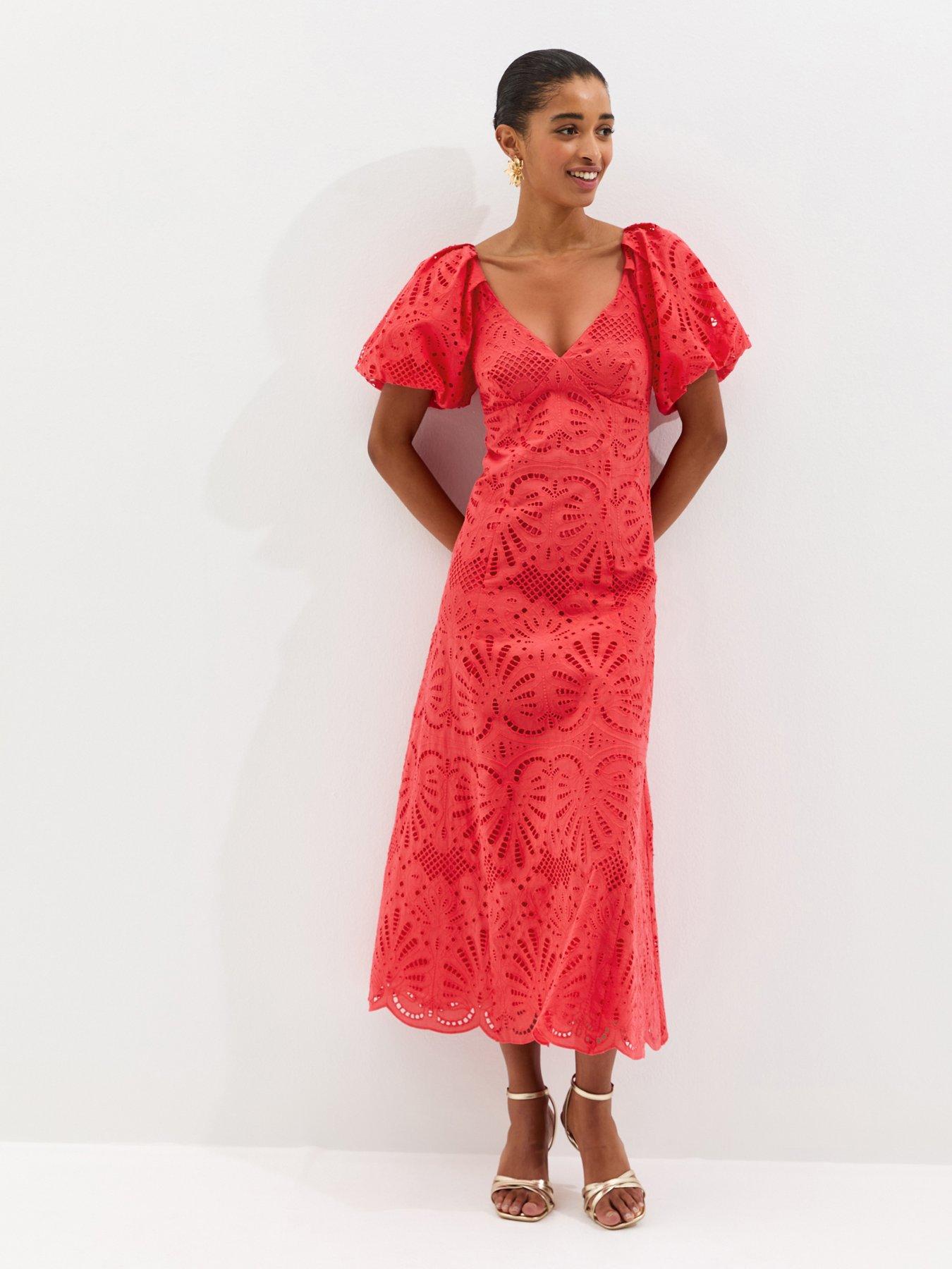 Image 1 of 5 of New Look Dark Coral Cutwork Tie Back Midi Dress