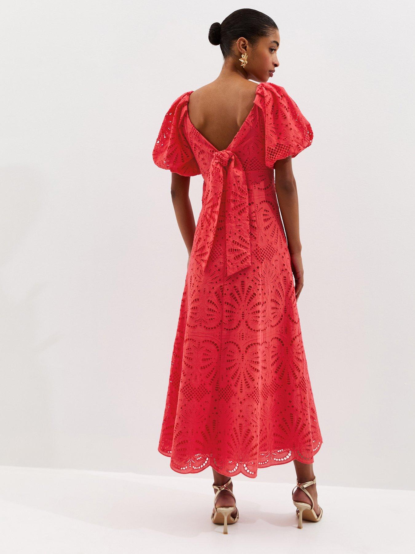 Image 2 of 5 of New Look Dark Coral Cutwork Tie Back Midi Dress