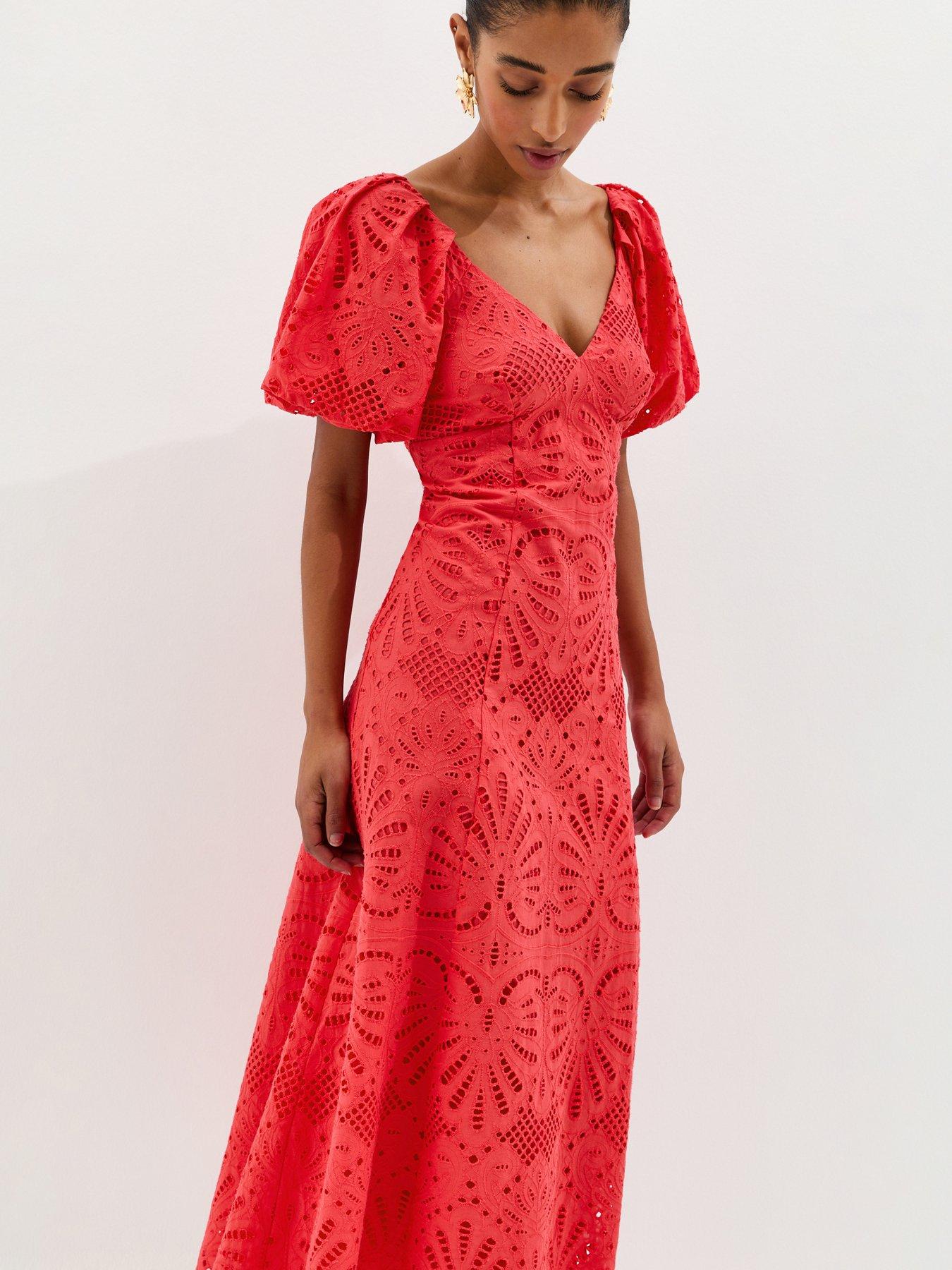 Image 3 of 5 of New Look Dark Coral Cutwork Tie Back Midi Dress