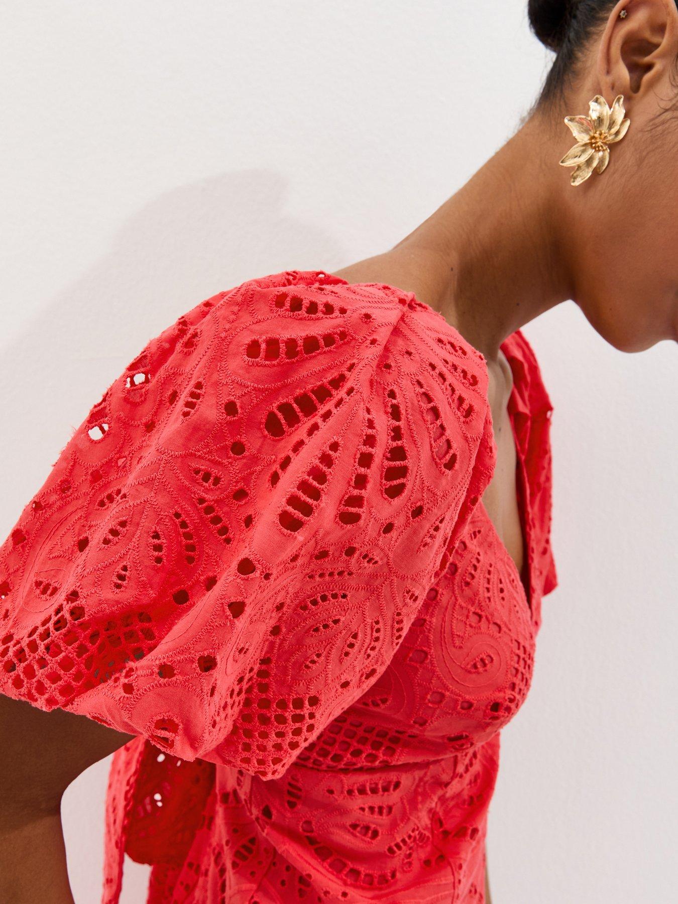 Image 4 of 5 of New Look Dark Coral Cutwork Tie Back Midi Dress