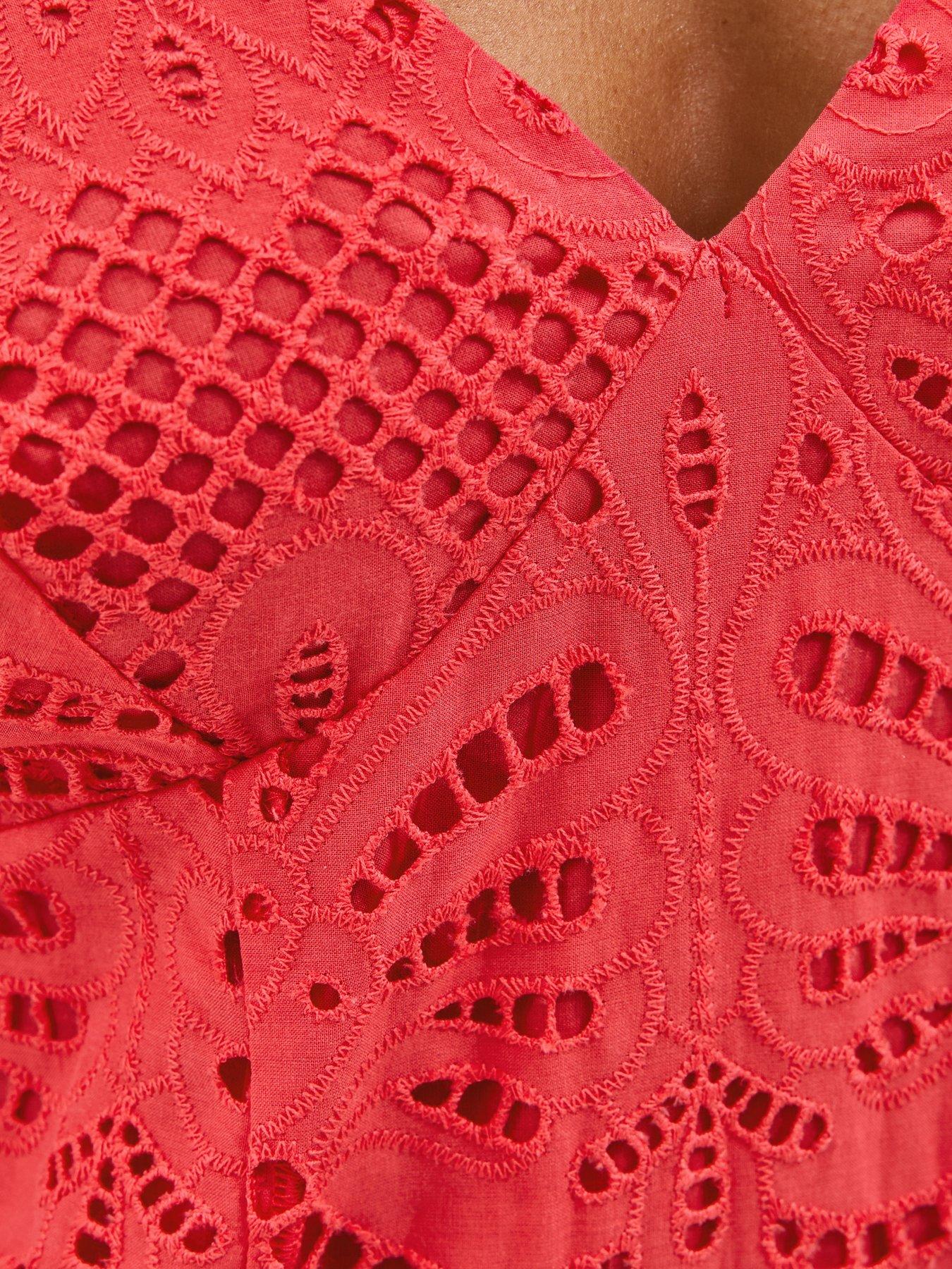 Image 5 of 5 of New Look Dark Coral Cutwork Tie Back Midi Dress