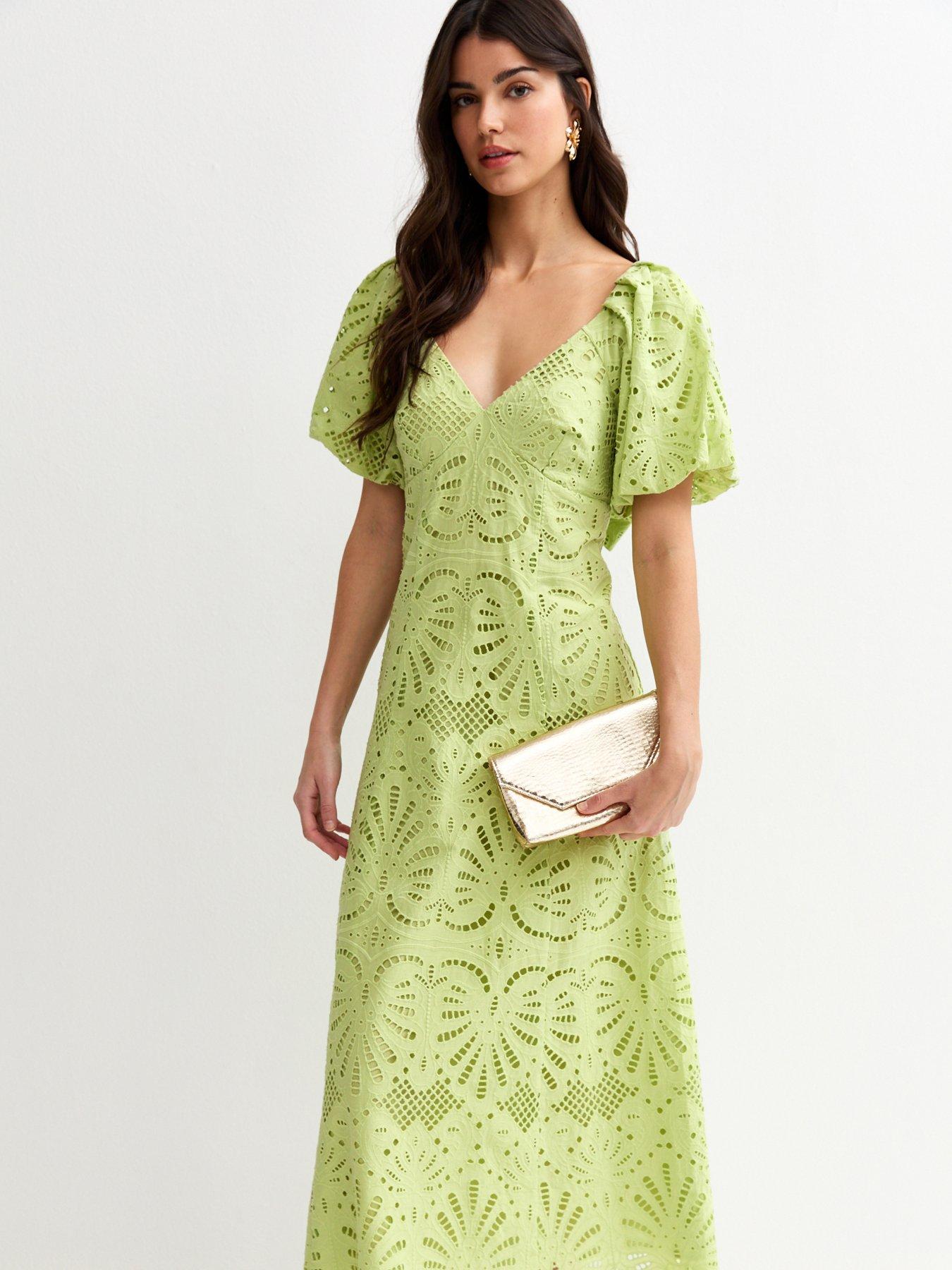 new look green lace dress Davina Green Lace Detail Maxi Dress with Pleated Skirt – Frock and Frill main image 0