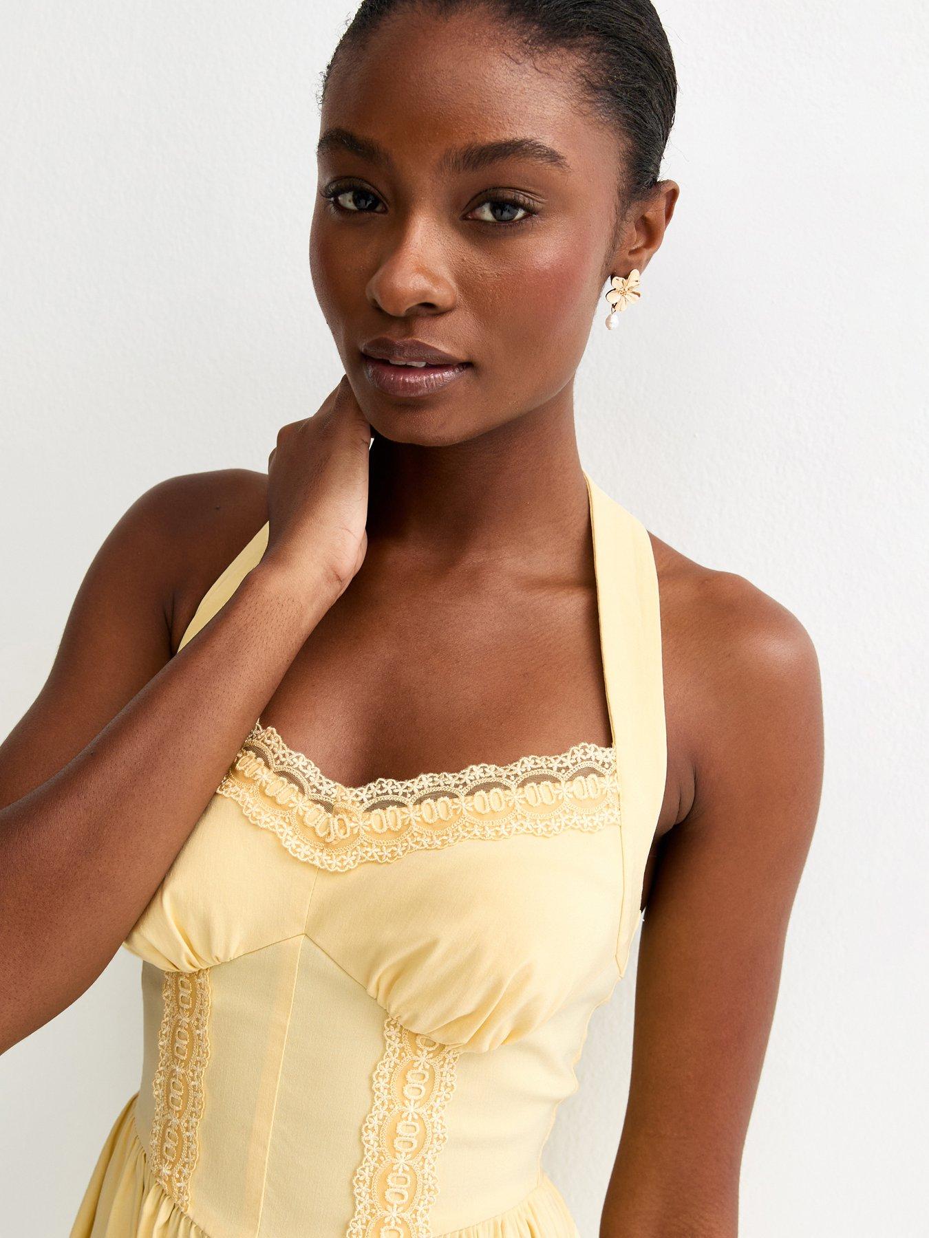 Image 4 of 5 of New Look Embroidered Halter Midi Dress - Light Yellow