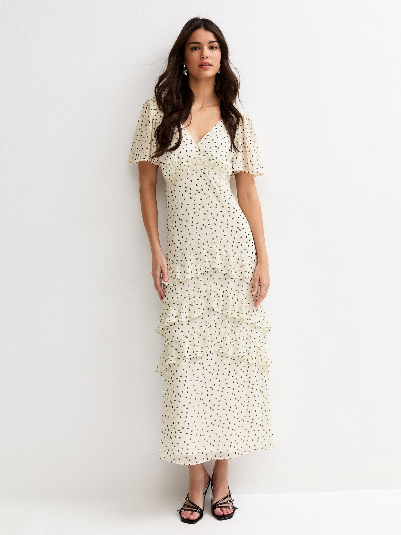Image 1 of 5 of New Look Cream Polka Dot Chiffon Tiered Midi Dress