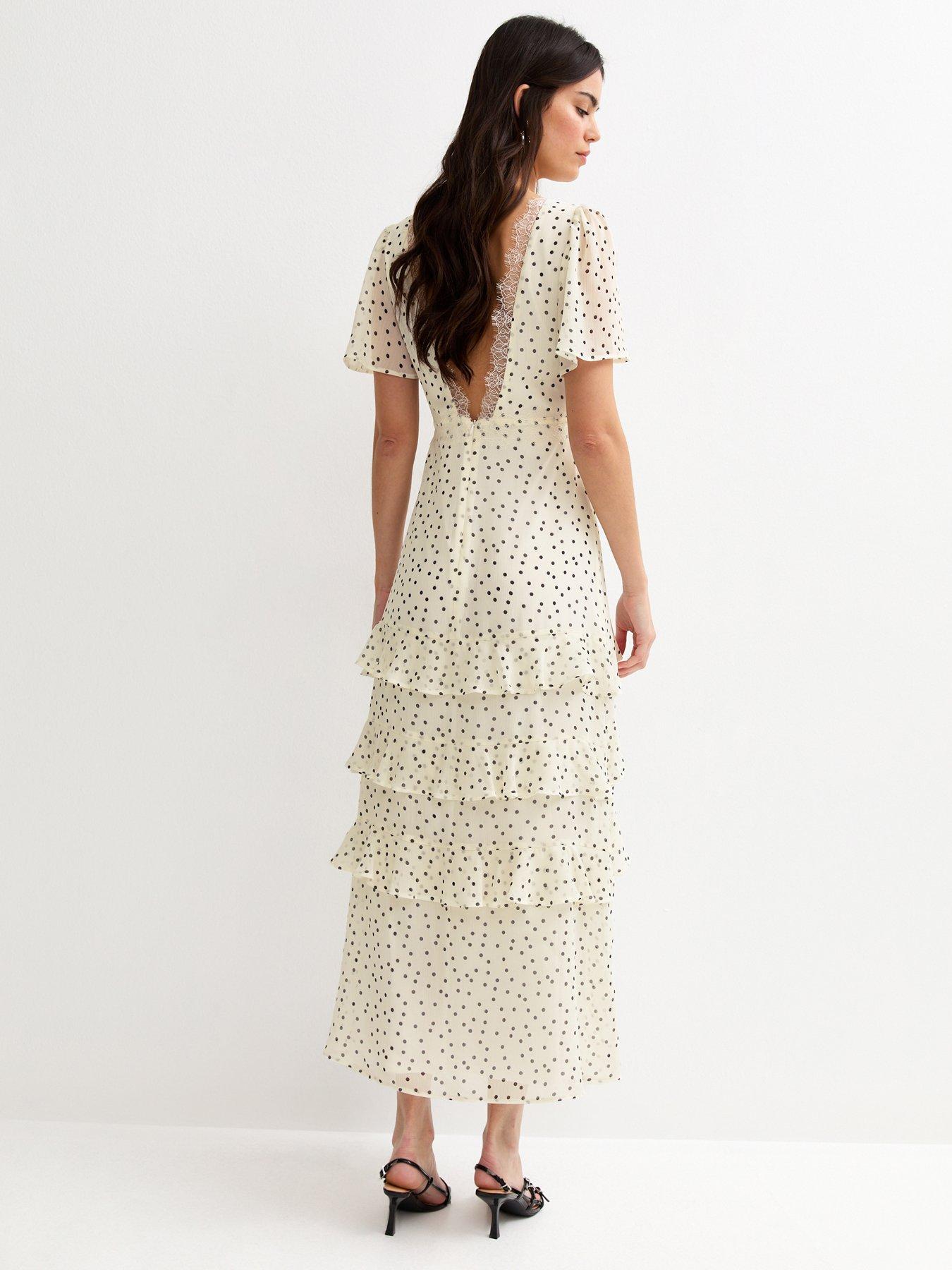 Image 2 of 5 of New Look Cream Polka Dot Chiffon Tiered Midi Dress