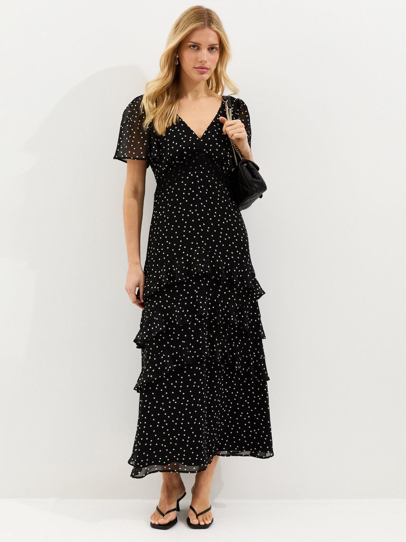 New Look Black Polka Dot Chiffon Tiered Midi Dress
