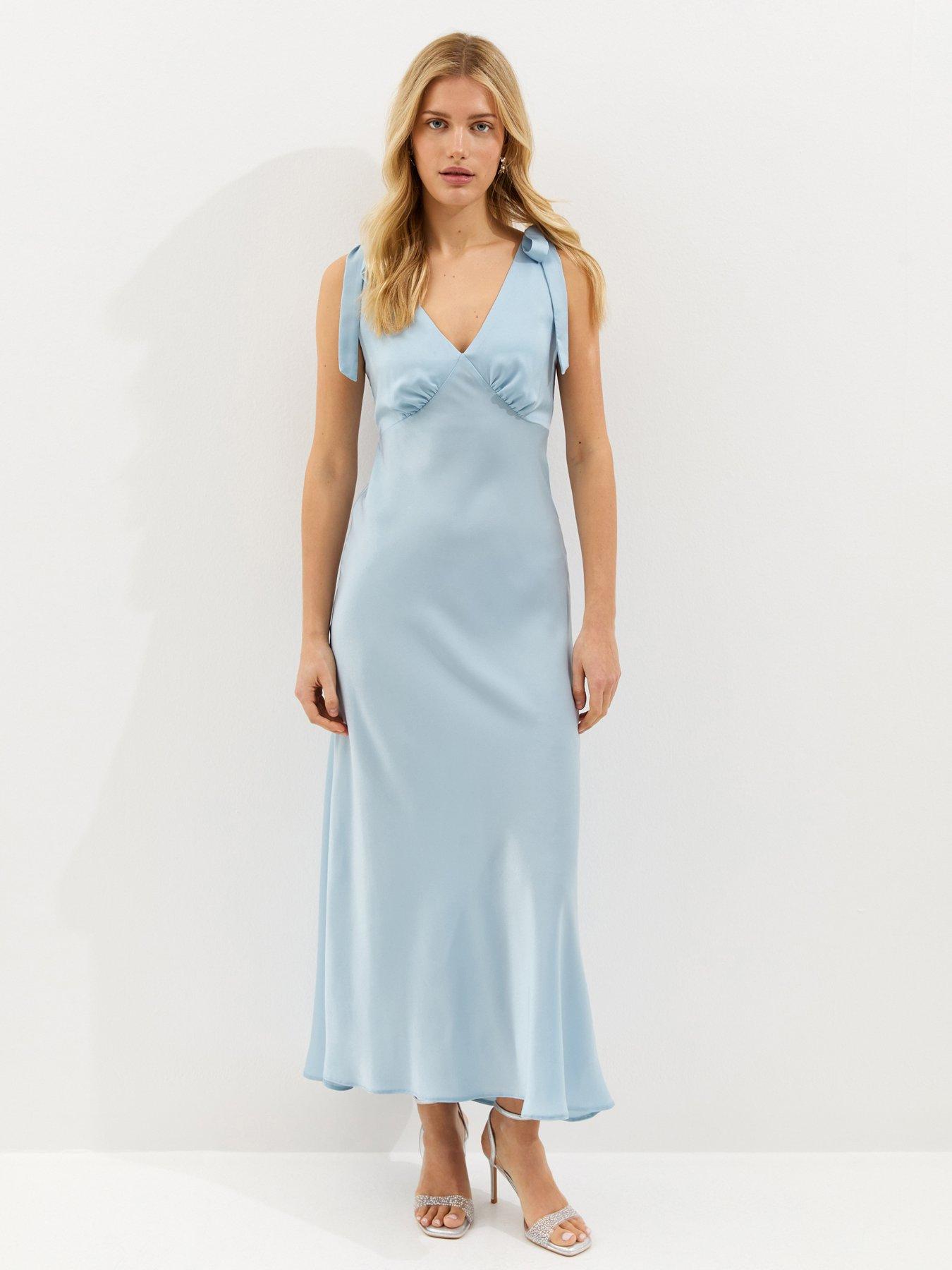 Image 1 of 5 of New Look Tie Shoulder Plunge Maxi Dress - Light Blue