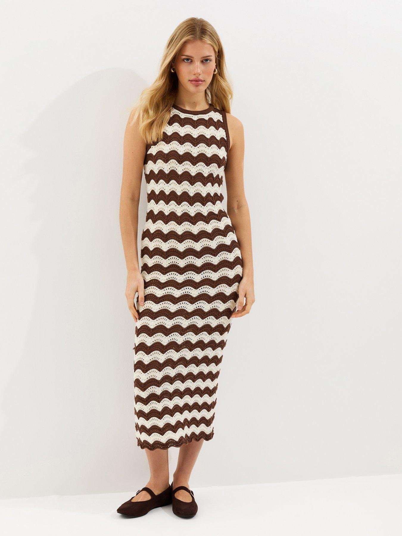New Look Brown Cotton Rich Knit Sleeveless Zig Zag Beach Maxi Dress