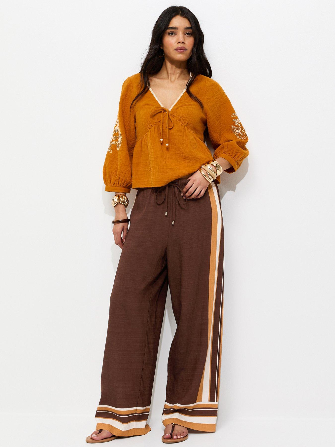 Image 1 of 4 of New Look Border Stripe Wide Leg Trousers - Brown
