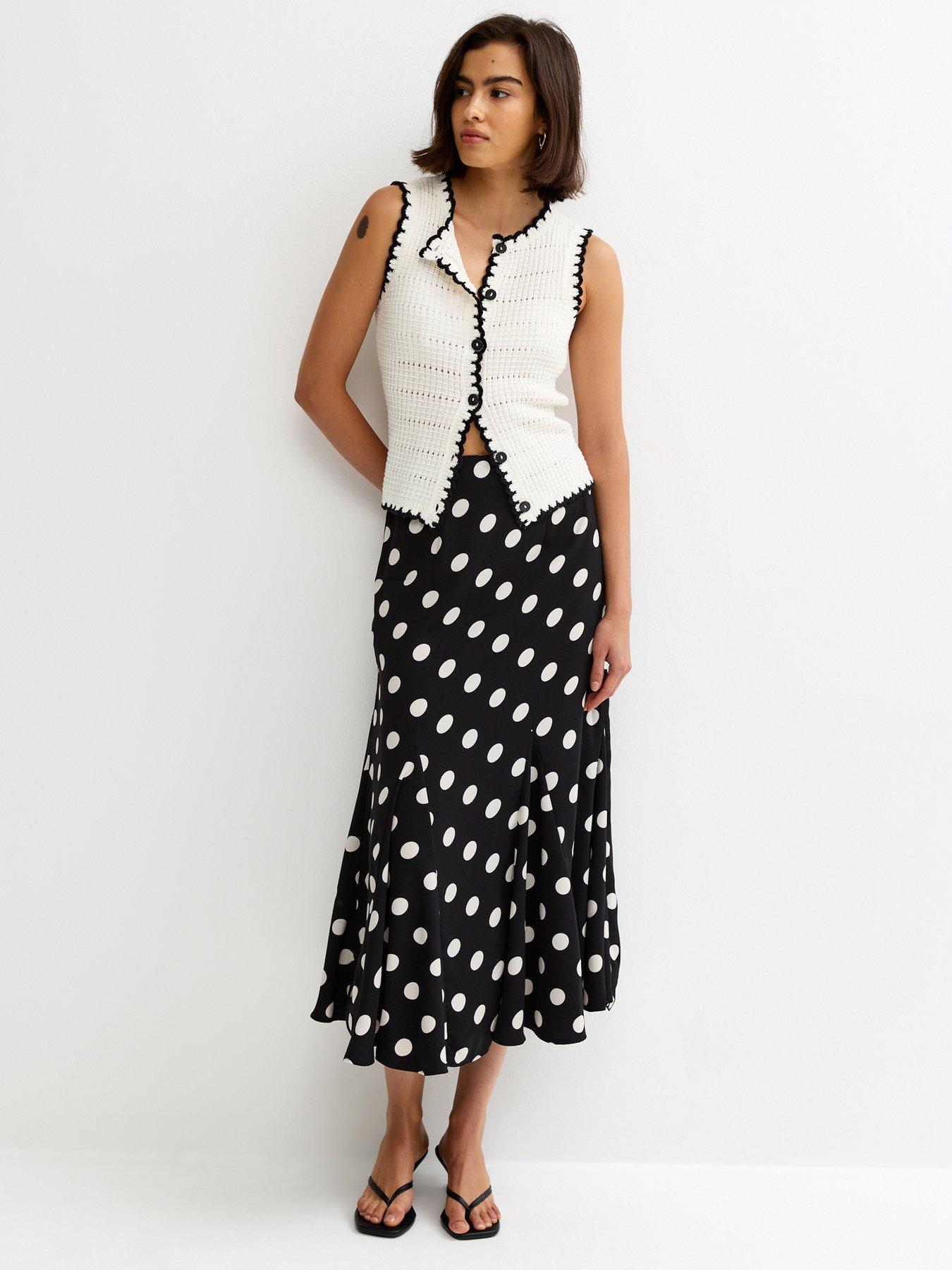 Image 1 of 6 of New Look Polka Dot Godet Midi Skirt - Black