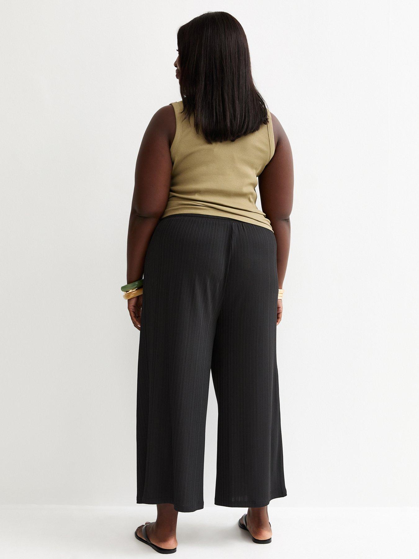 Image 2 of 5 of New Look Curves Black Ribbed Drawstring Cropped Trousers
