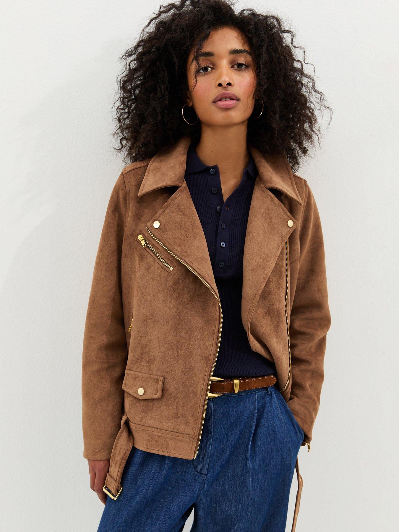 Image 1 of 6 of New Look Tan Oversized Faux Suede Biker Jacket