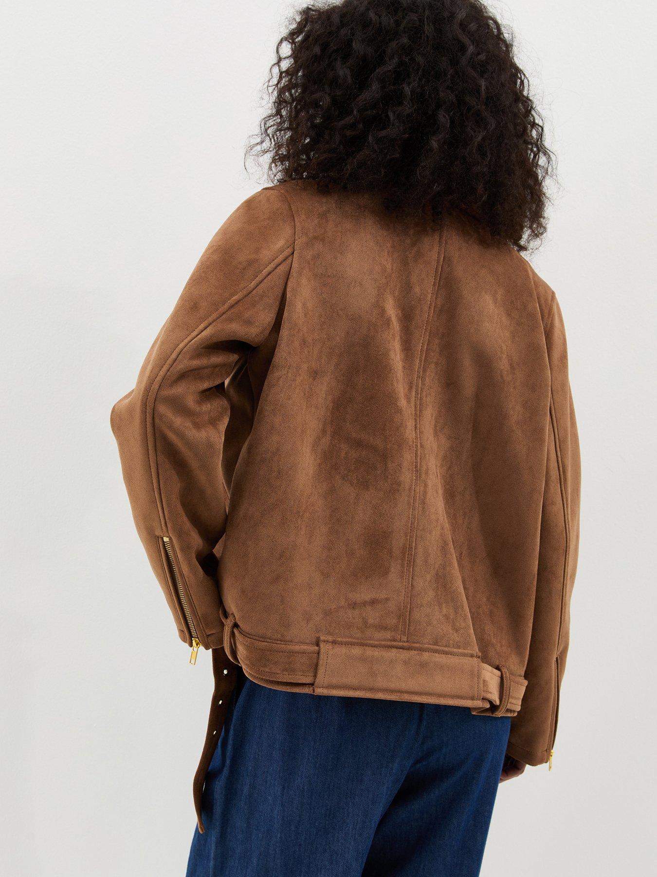 Image 2 of 6 of New Look Tan Oversized Faux Suede Biker Jacket