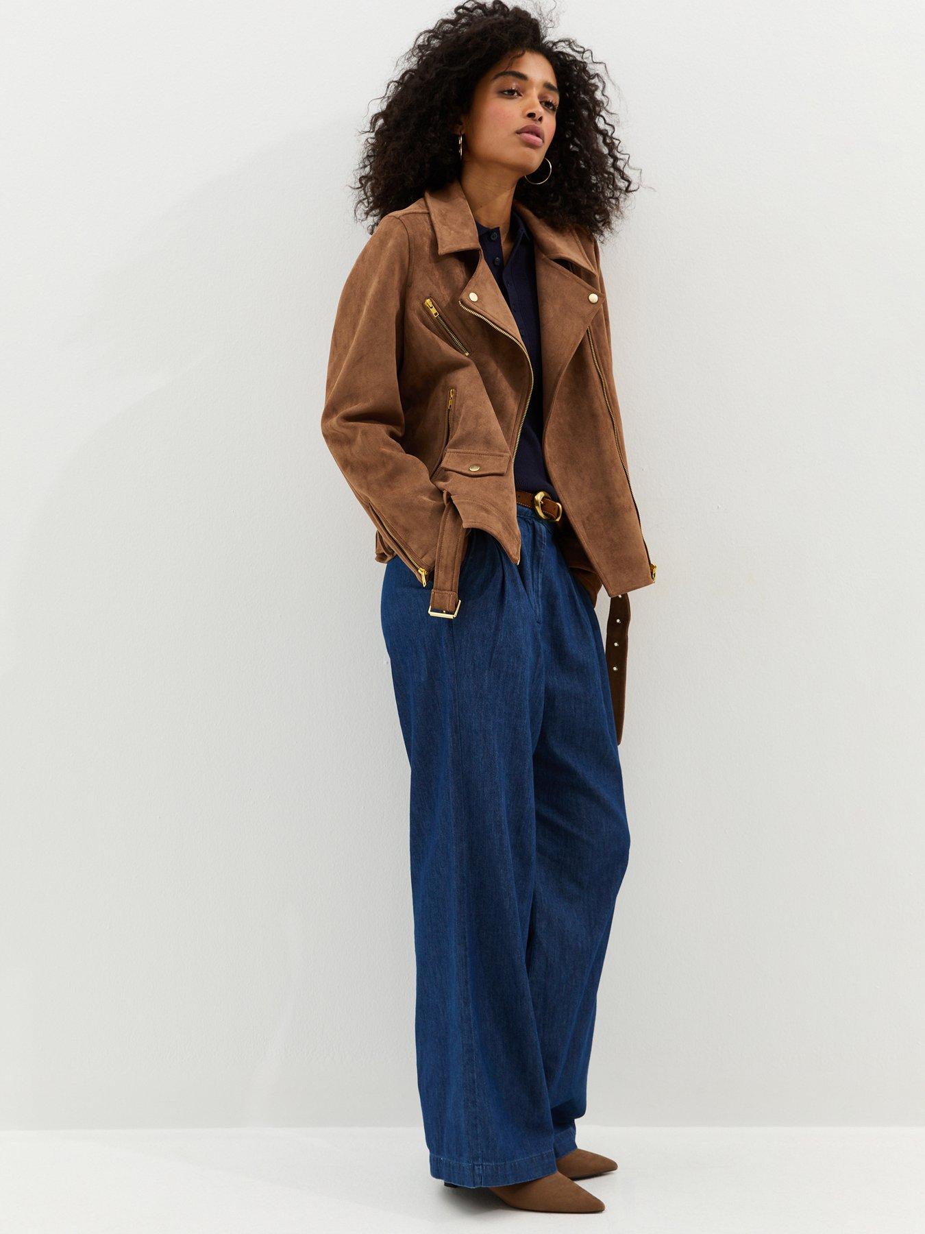 Image 4 of 6 of New Look Tan Oversized Faux Suede Biker Jacket