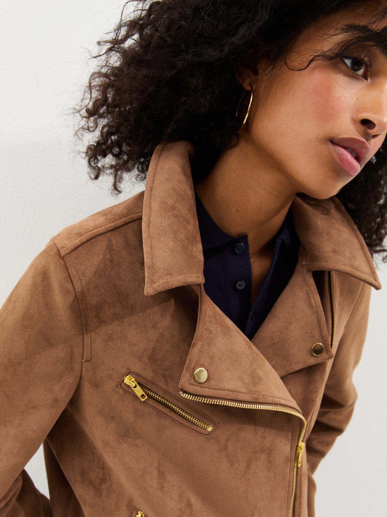 Image 5 of 6 of New Look Tan Oversized Faux Suede Biker Jacket